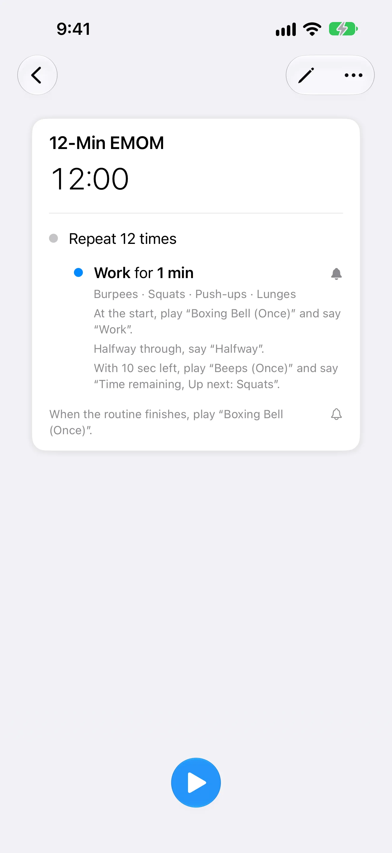 Screenshot of Timer+ showing an EMOM routine whose work step announces its name, the halfway point and the time remaining.
