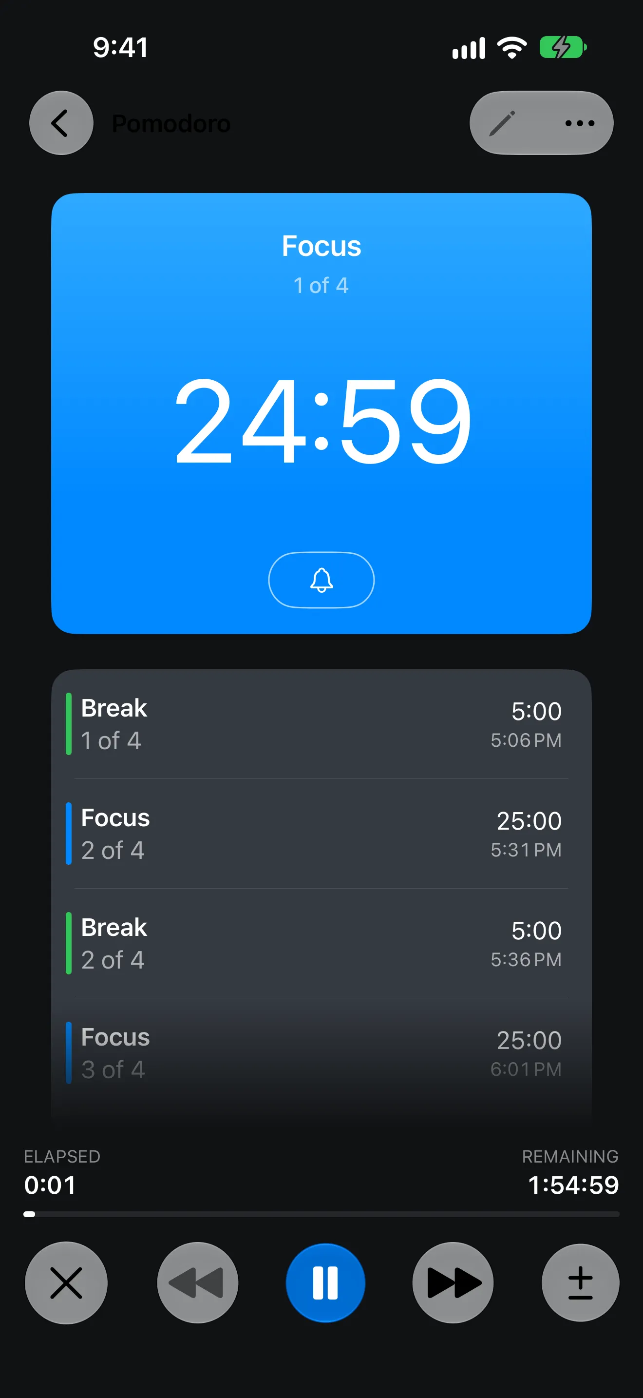 Screenshot of Timer+ showing a running Pomodoro timer.