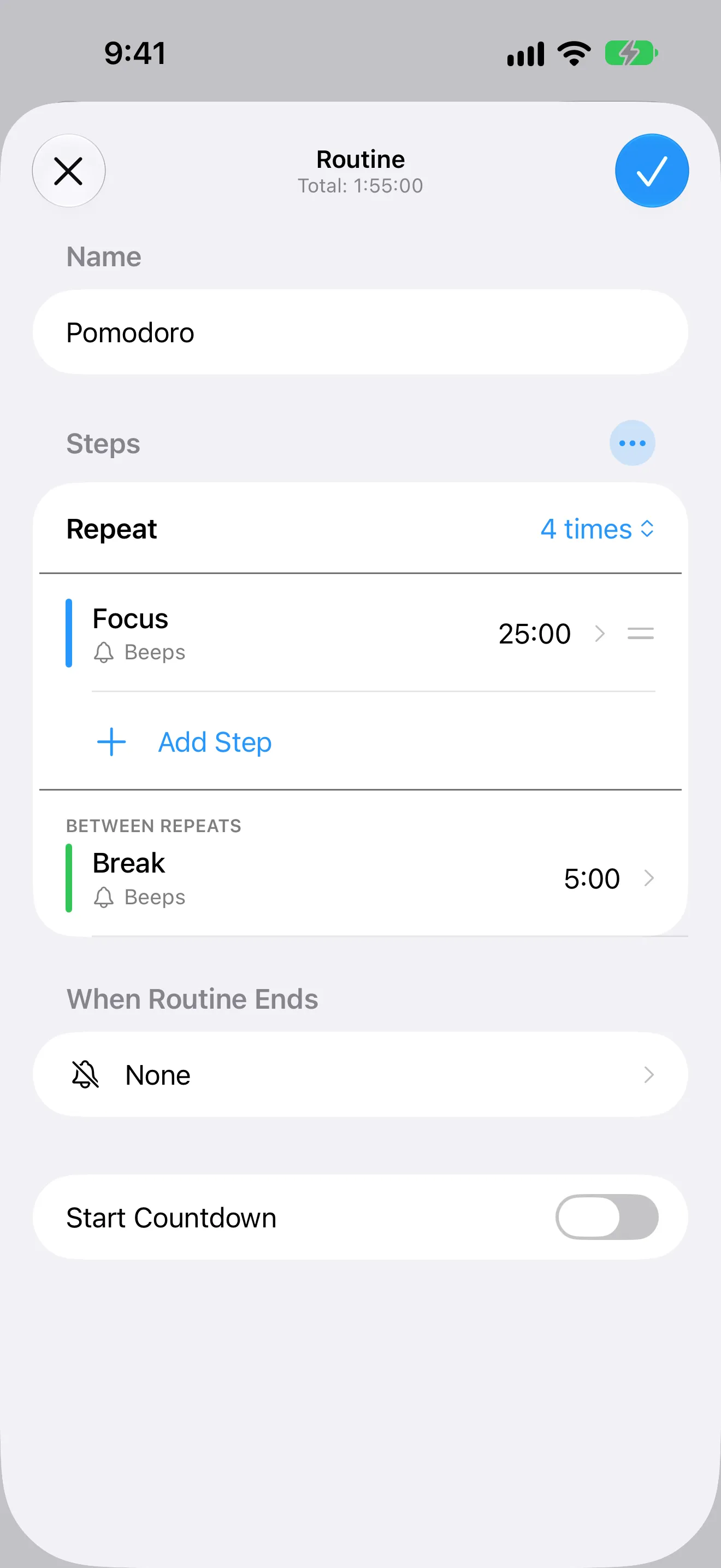 Screenshot of Timer+ showing the editor for a Pomodoro routine with focus sessions and breaks.