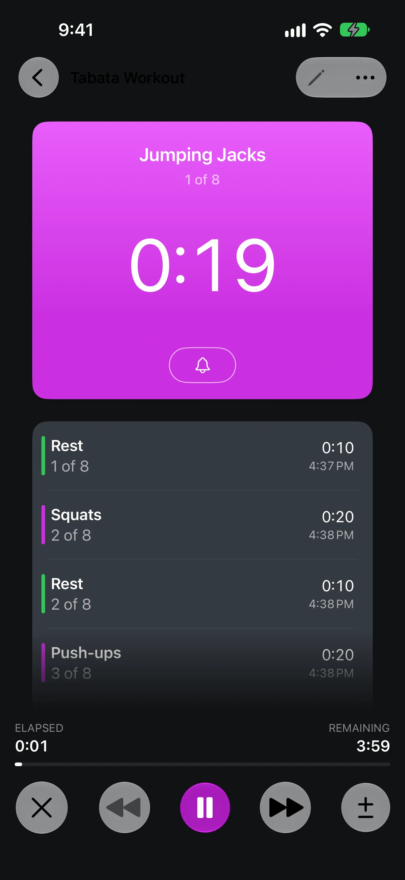 Screenshot of Timer+ showing a Tabata routine in progress.