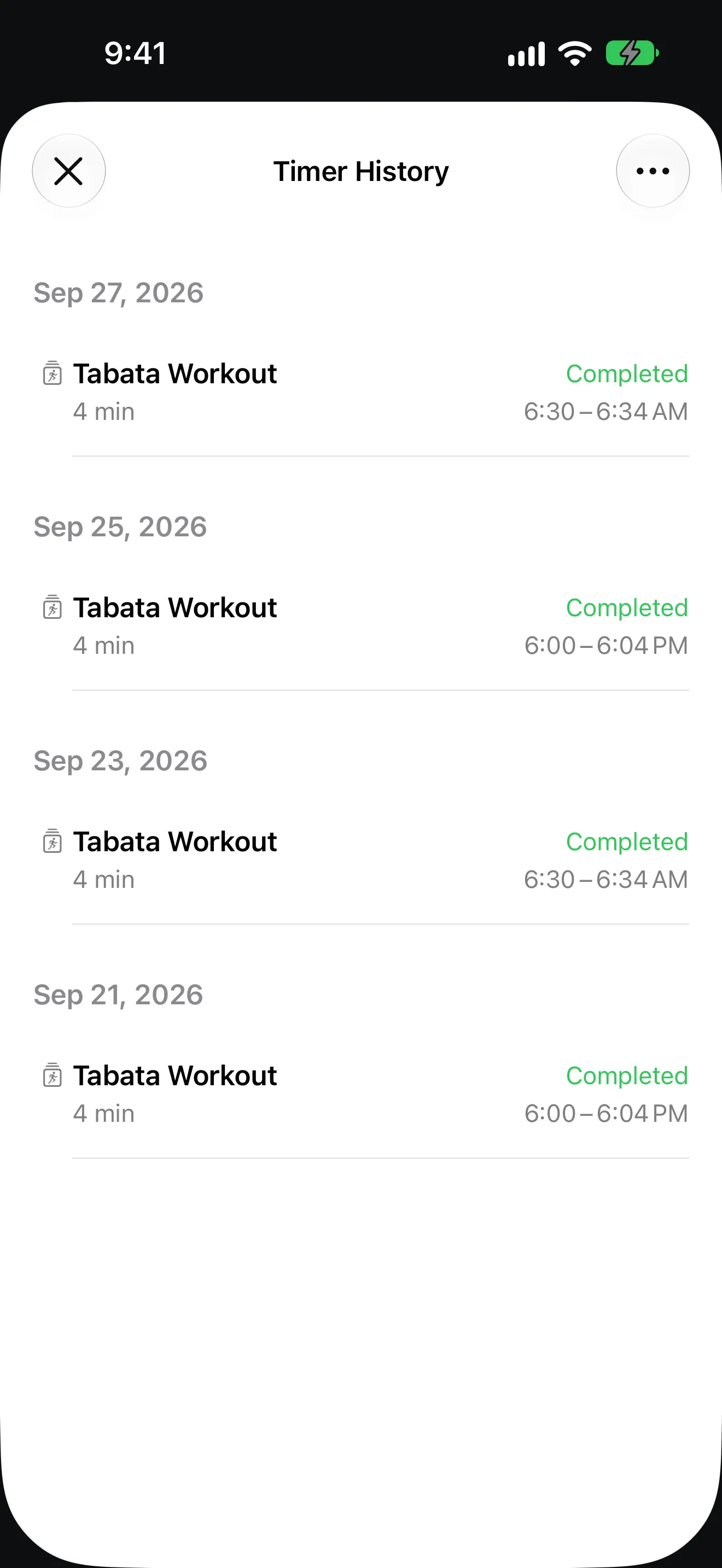 Screenshot of Timer+ showing the history for a Tabata routine.