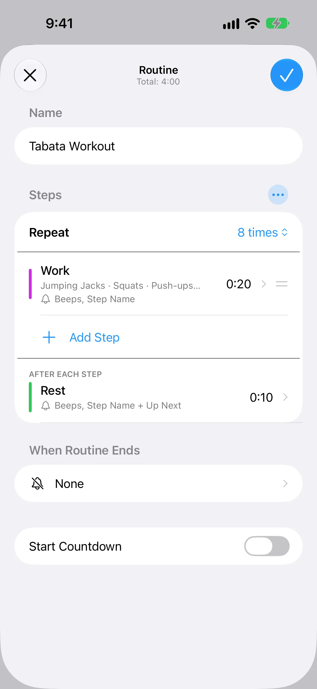 Screenshot of Timer+ showing the editor for a Tabata routine with named repeats and rests.