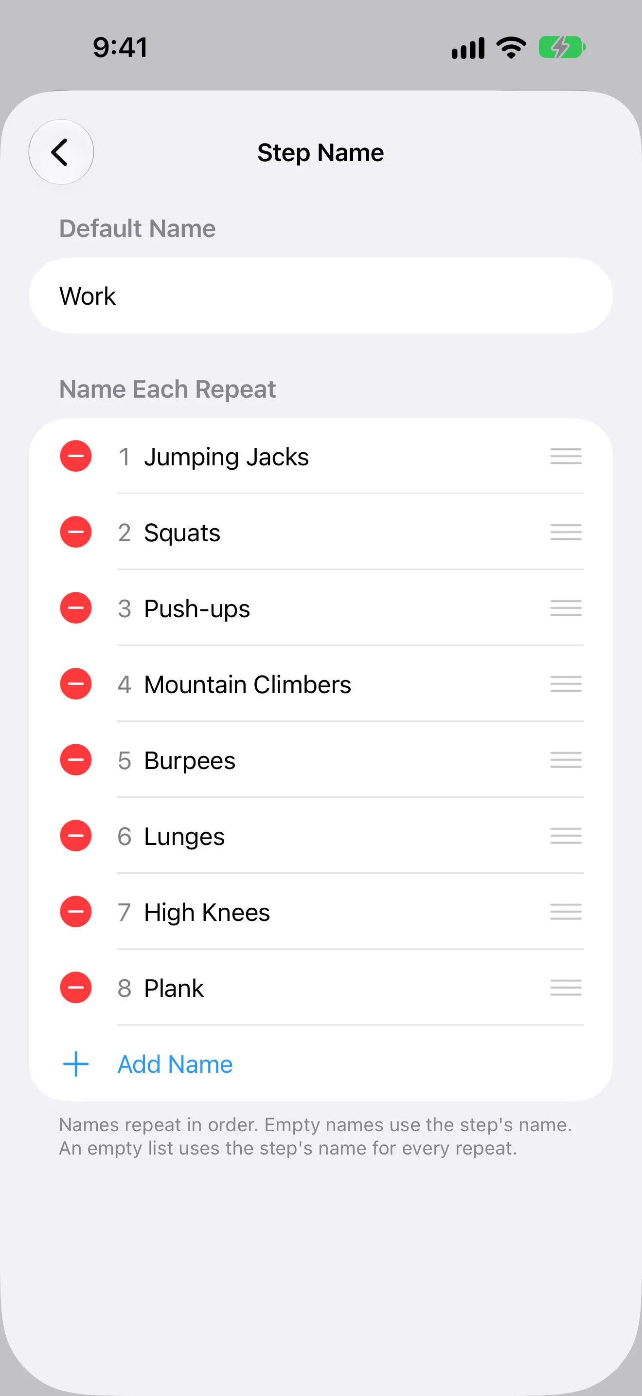 Screenshot of Timer+ showing a different exercise name for each repeat of a Tabata routine.