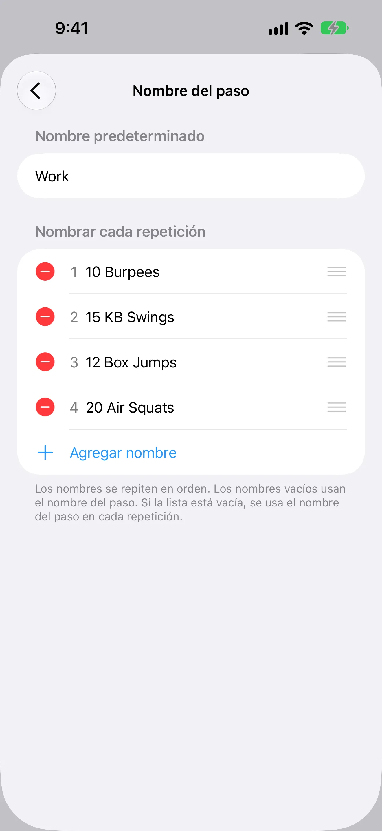 Captura de pantalla de Temporizador+ con un movimiento de CrossFit distinto para cada minuto de un entrenamiento EMOM.