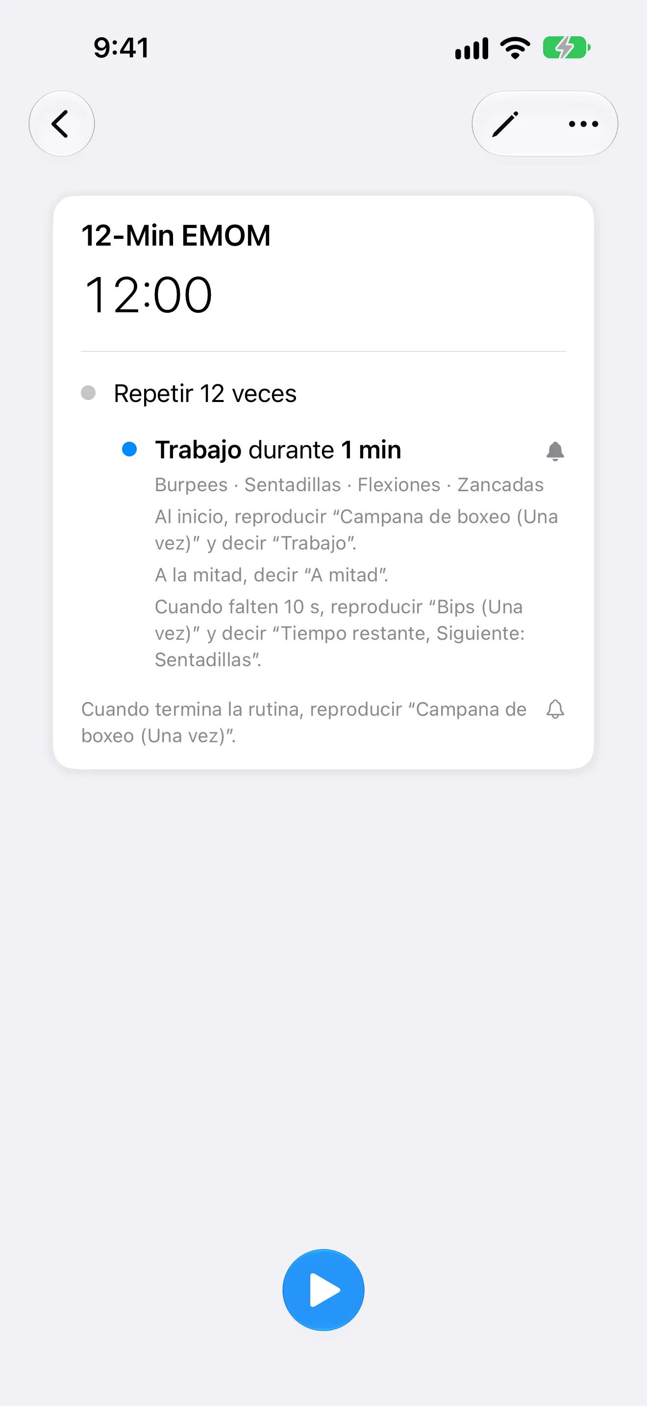 Captura de pantalla de Temporizador+ con una rutina EMOM cuyo paso de trabajo anuncia su nombre, la mitad del tiempo y el tiempo restante.
