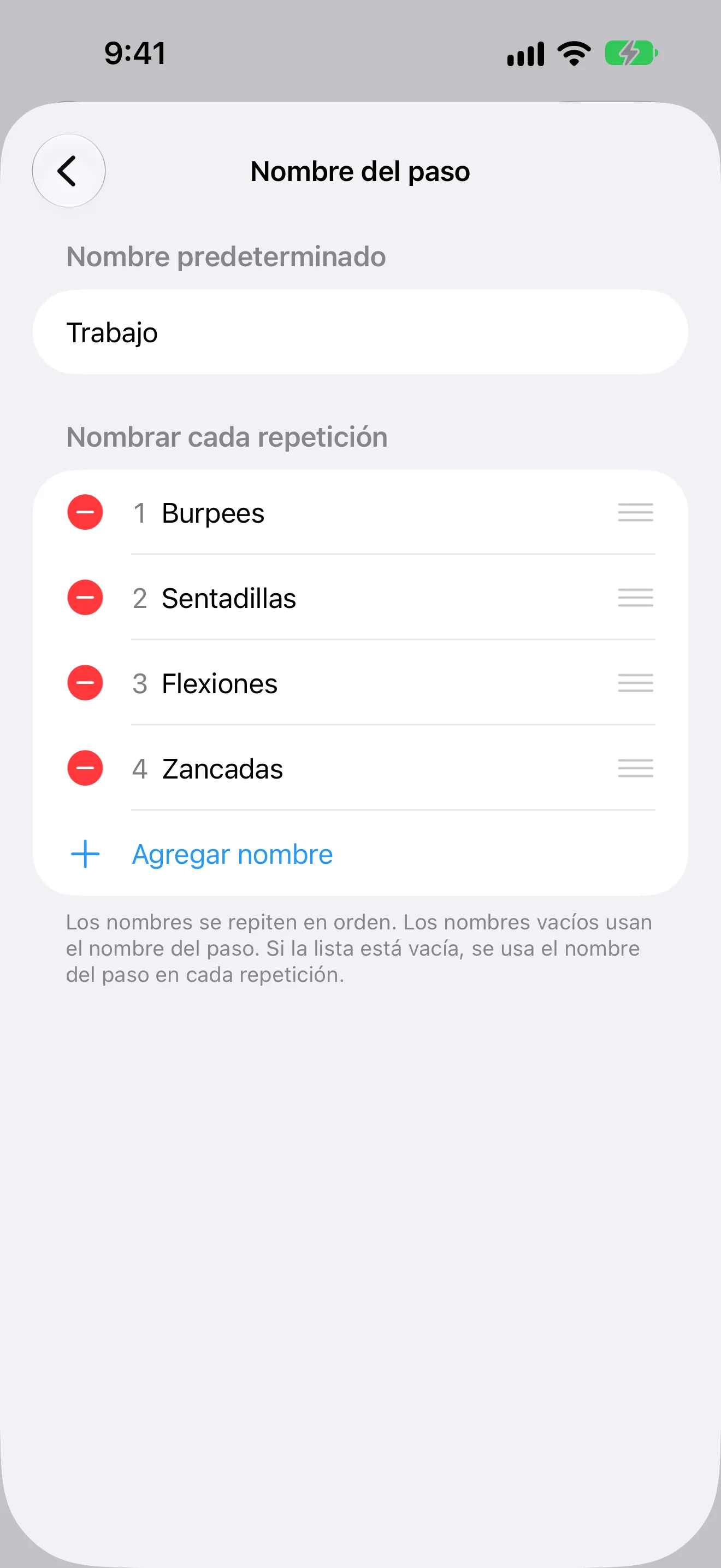 Captura de pantalla de Temporizador+ con un nombre de ejercicio distinto para cada repetición de una rutina EMOM.