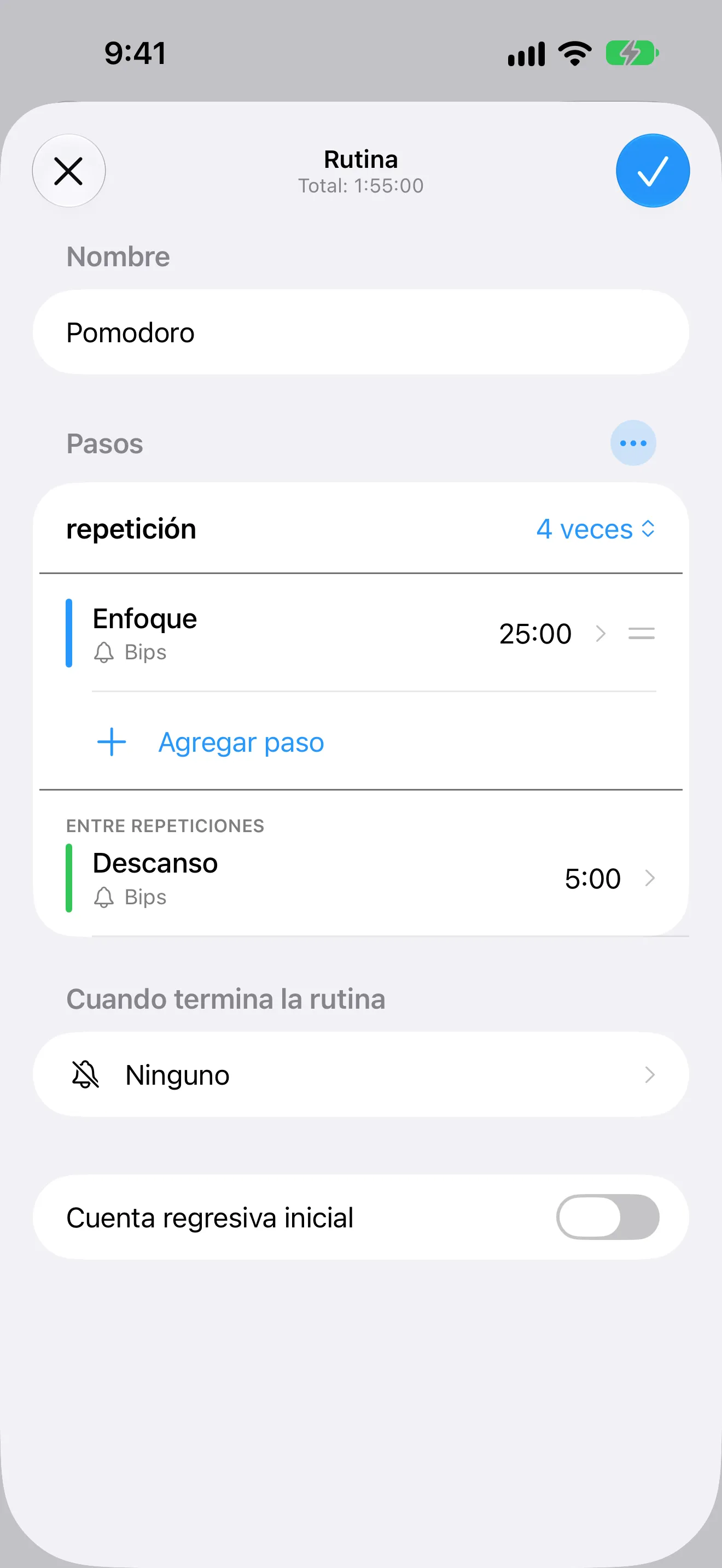 Pantalla de la app Temporizador+