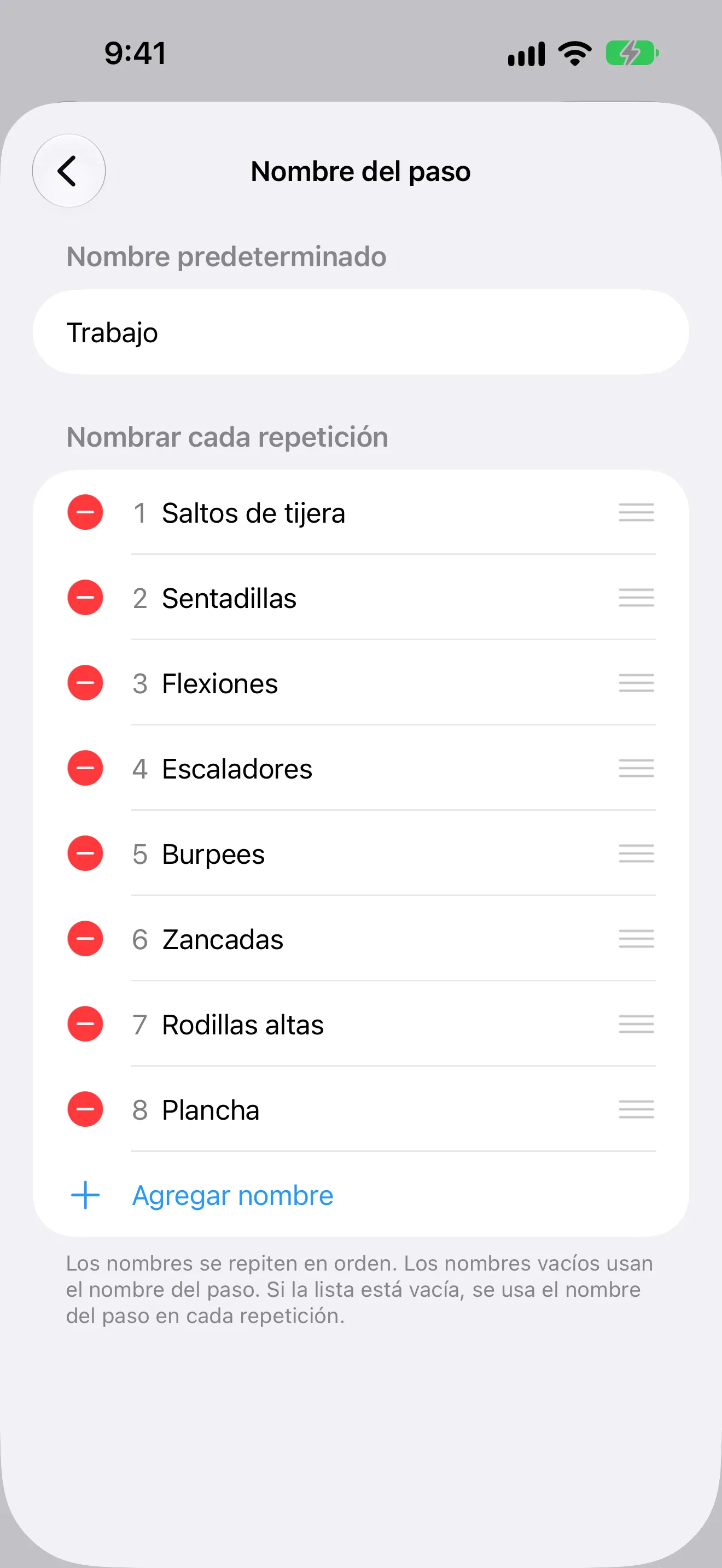 Captura de pantalla de Temporizador+ con un nombre de ejercicio distinto para cada repetición de una rutina Tabata.