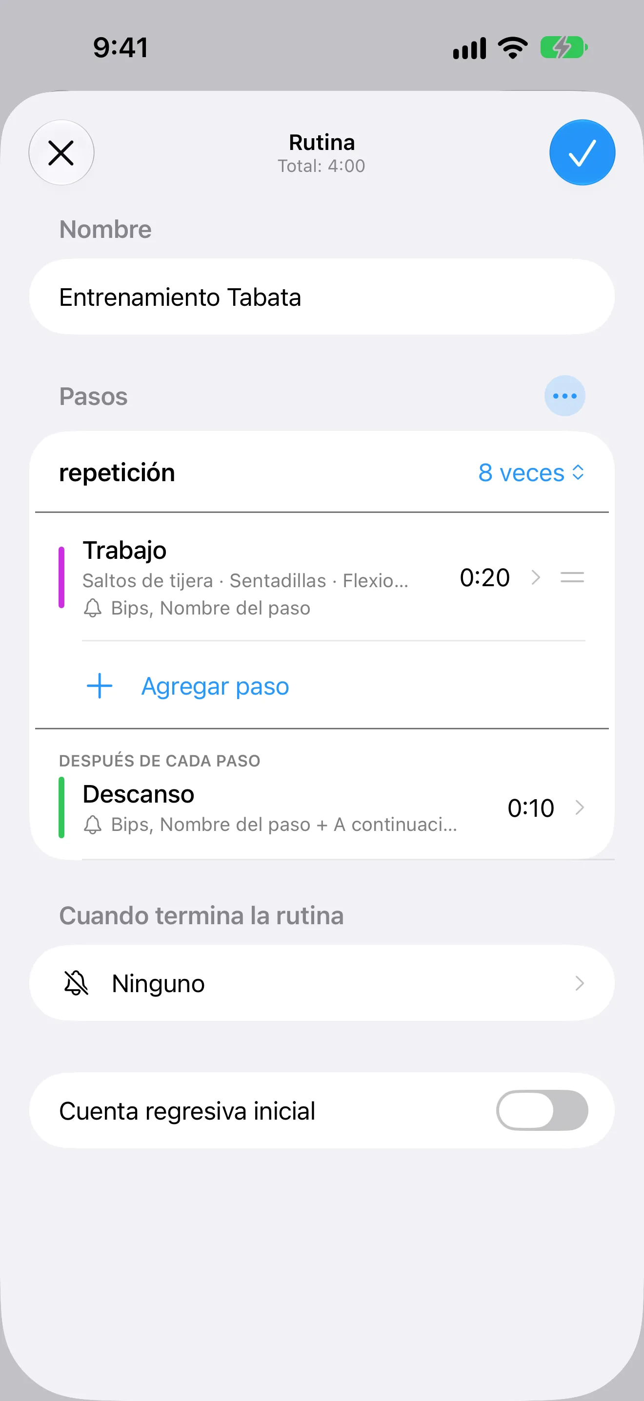 Captura de pantalla de Temporizador+ con el editor de una rutina Tabata con repeticiones con nombre y descansos.