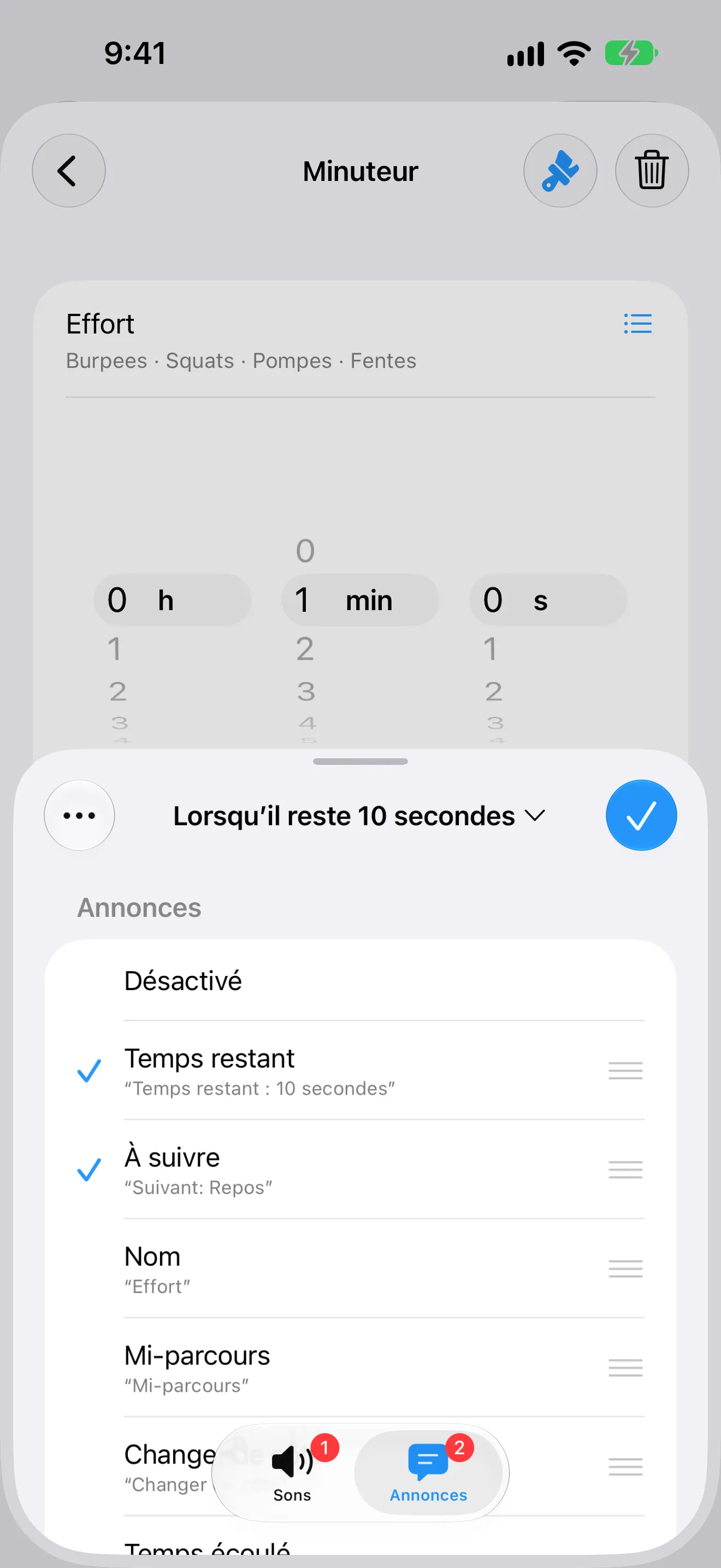 Capture d’écran de Minuteur+ montrant une alerte qui annonce le temps restant et l’étape suivante.