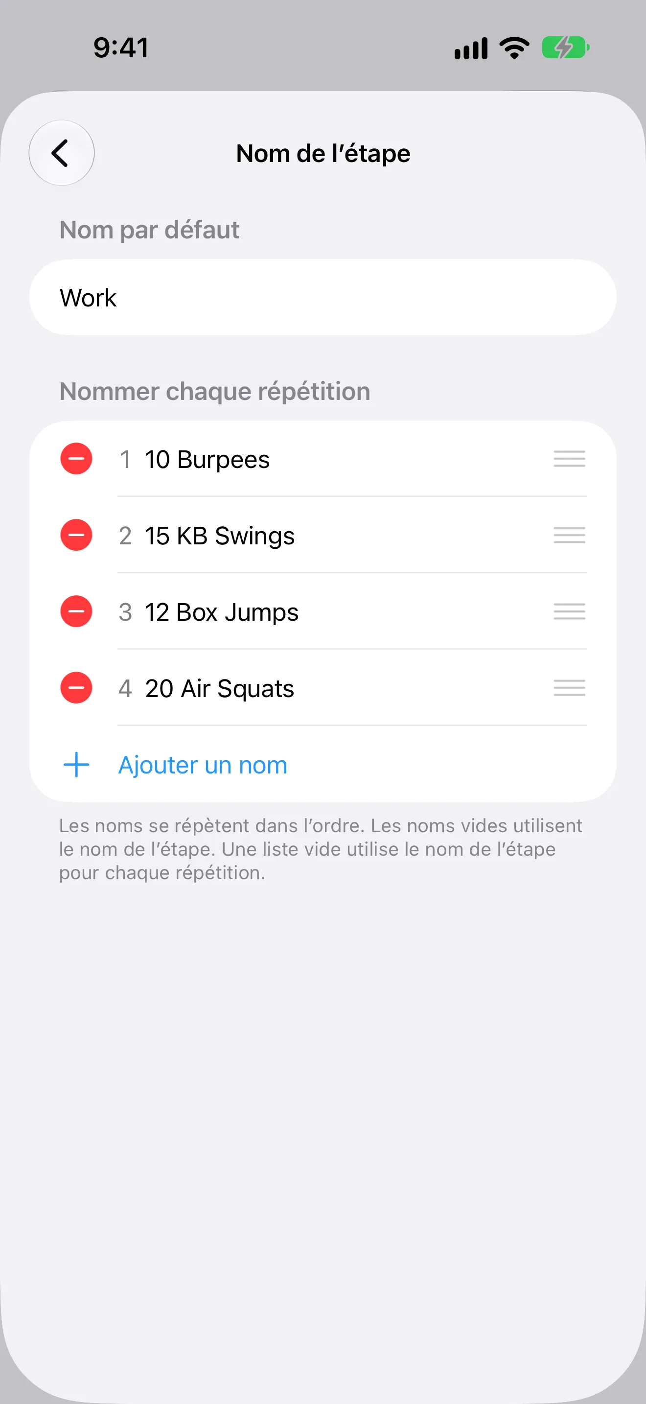 Capture d’écran de Minuteur+ montrant un mouvement CrossFit différent pour chaque minute d’un entraînement EMOM.