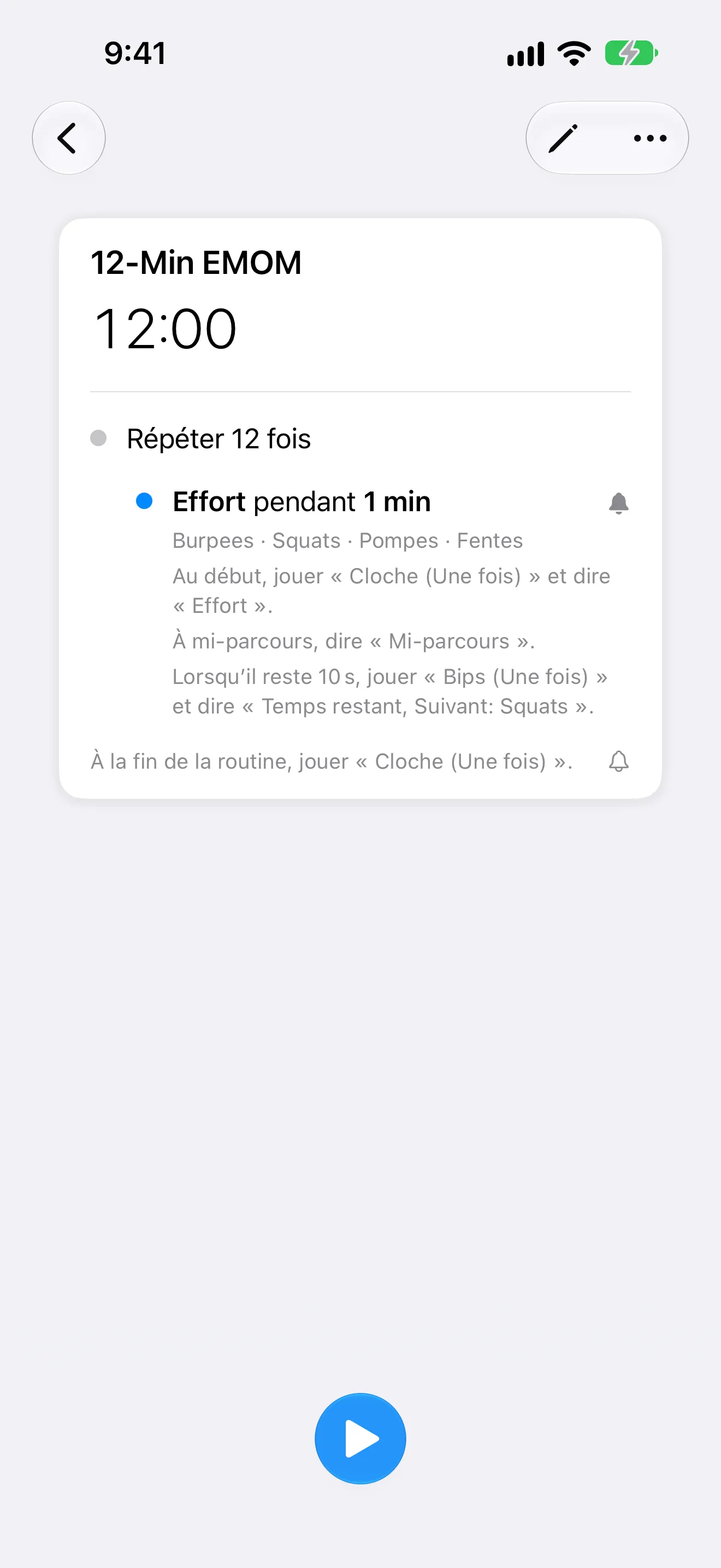 Capture d’écran de Minuteur+ montrant une routine EMOM dont l’étape d’effort annonce son nom, la mi-temps et le temps restant.
