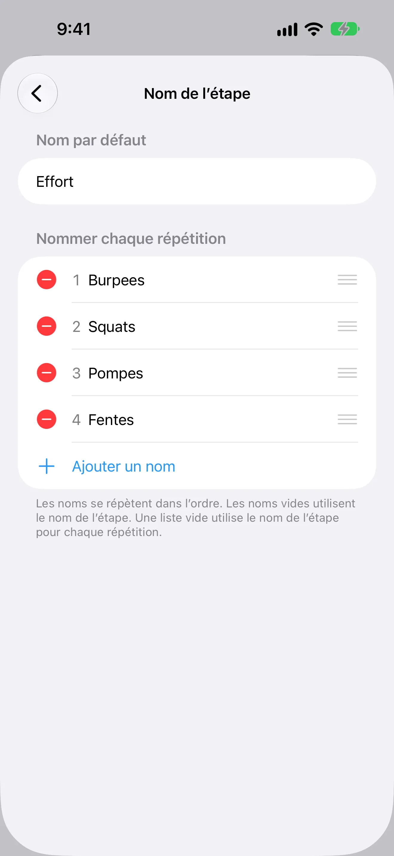 Capture d’écran de Minuteur+ montrant un nom d’exercice différent pour chaque répétition d’une routine EMOM.