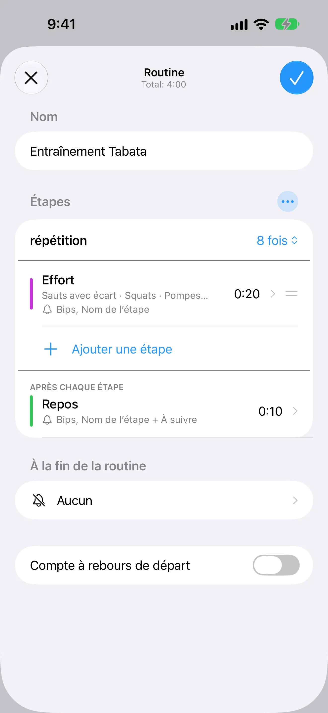 Capture d’écran de Minuteur+ montrant l’éditeur d’une routine Tabata avec des répétitions nommées et des repos.