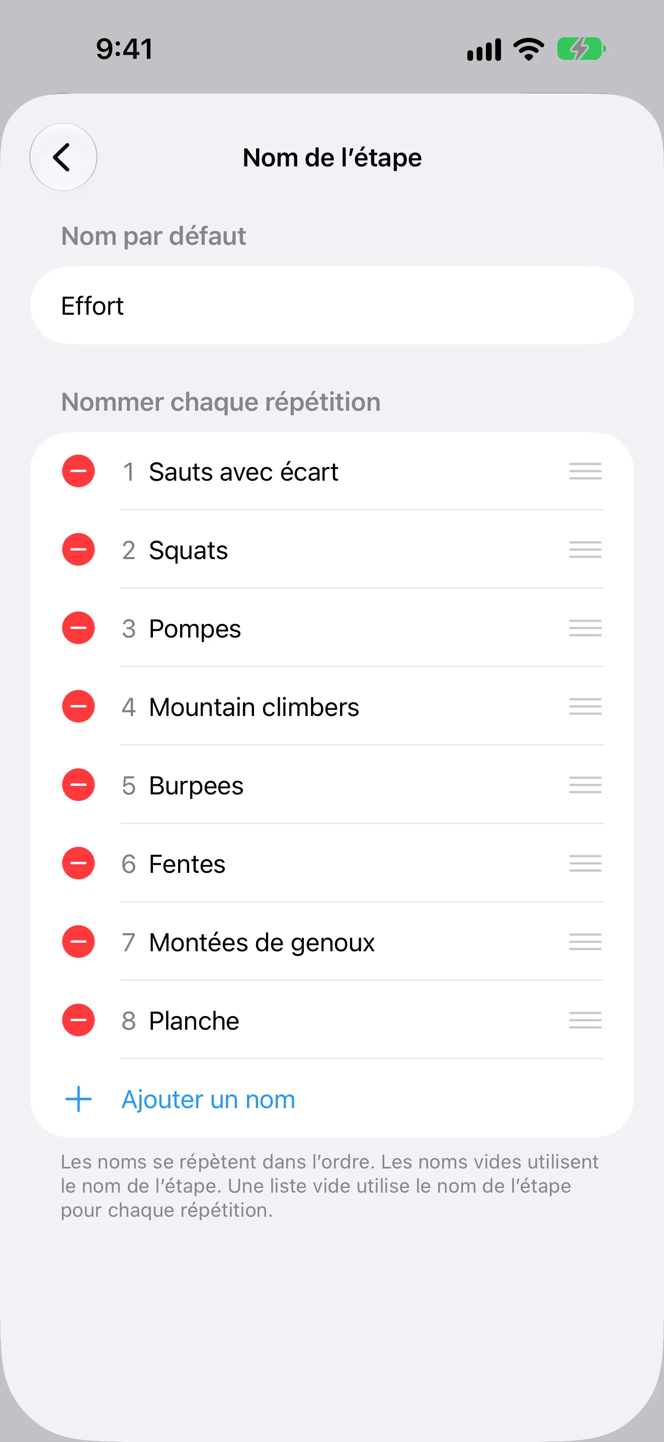 Capture d’écran de Minuteur+ montrant un nom d’exercice différent pour chaque répétition d’une routine Tabata.