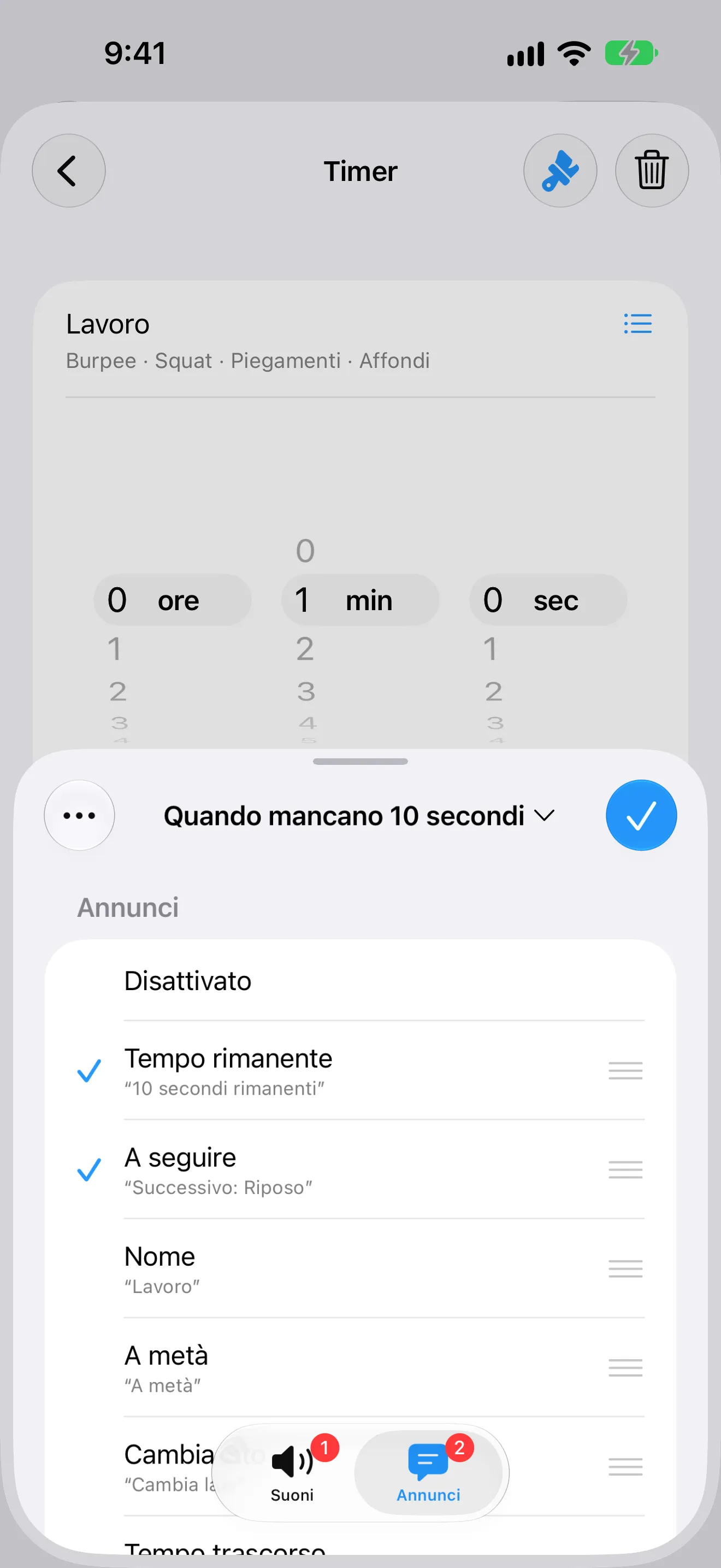 Screenshot di Timer+ con un avviso che annuncia il tempo rimanente e il passaggio successivo.