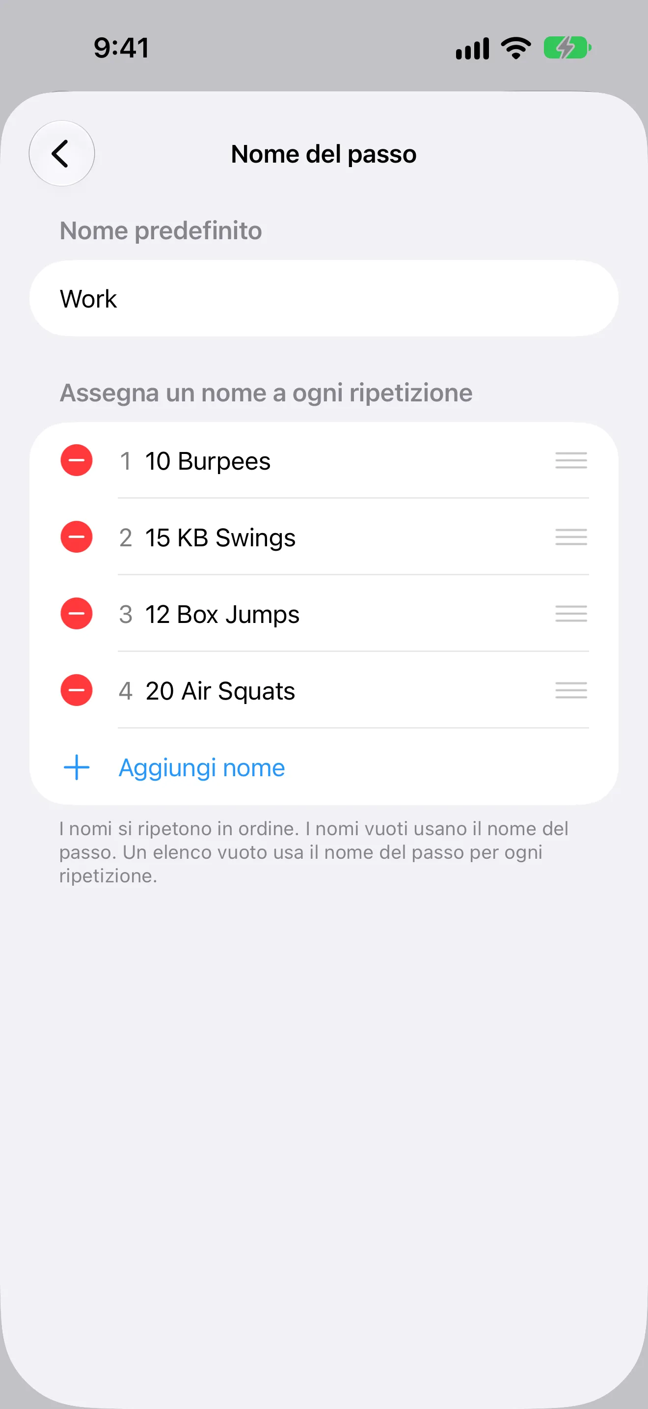 Screenshot di Timer+ con un movimento CrossFit diverso per ogni minuto di un allenamento EMOM.