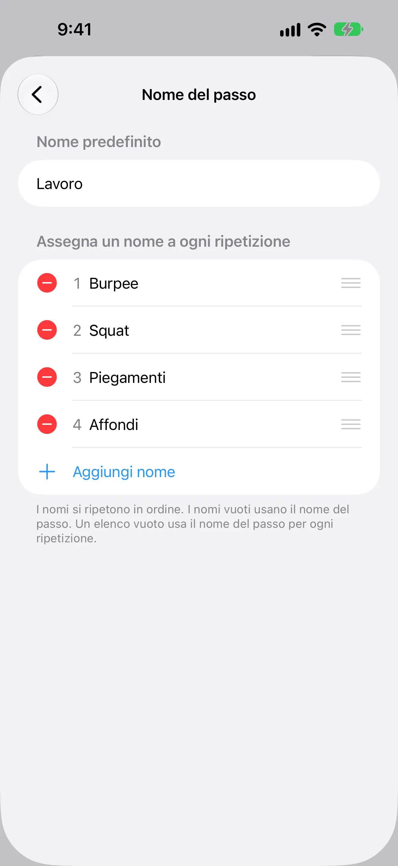 Screenshot di Timer+ con un nome di esercizio diverso per ogni ripetizione di una routine EMOM.