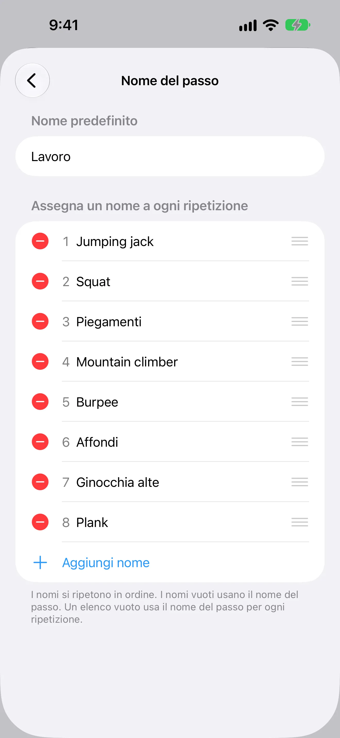 Screenshot di Timer+ con un nome di esercizio diverso per ogni ripetizione di una routine Tabata.