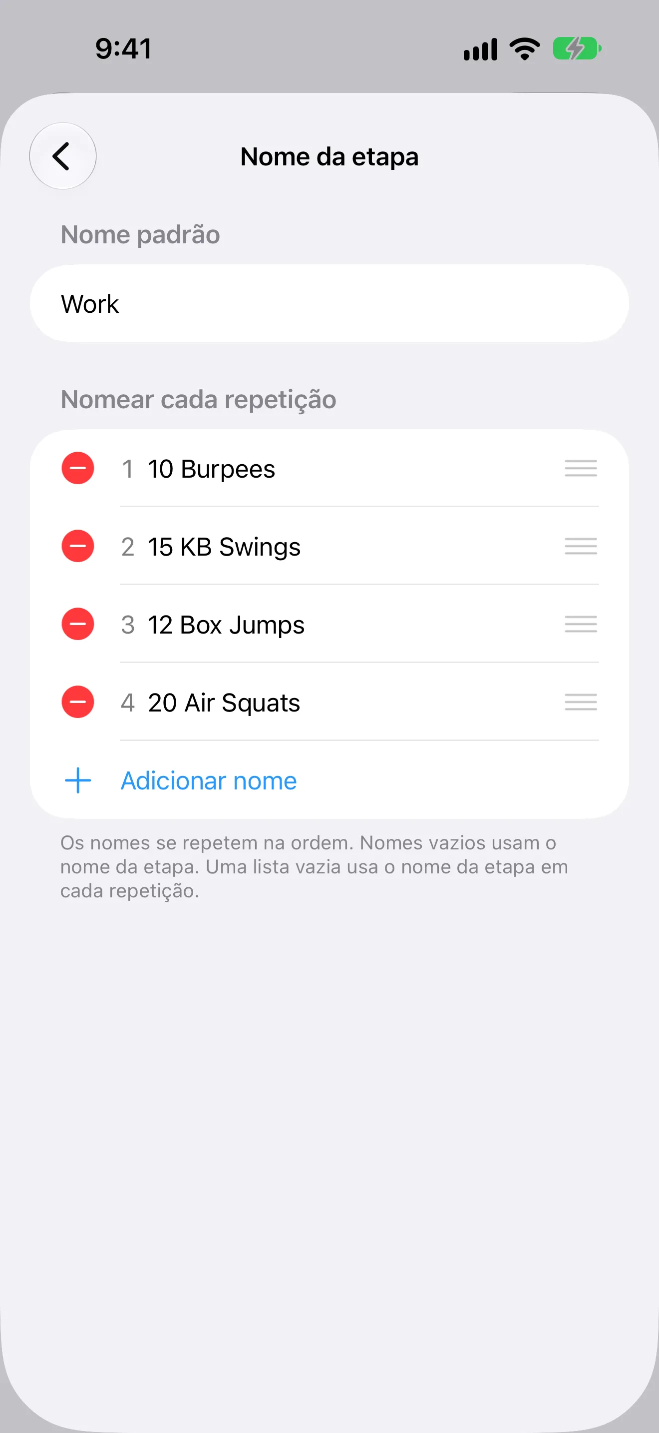 Captura de tela do Timer+ mostrando um movimento de CrossFit diferente para cada minuto de um treino EMOM.