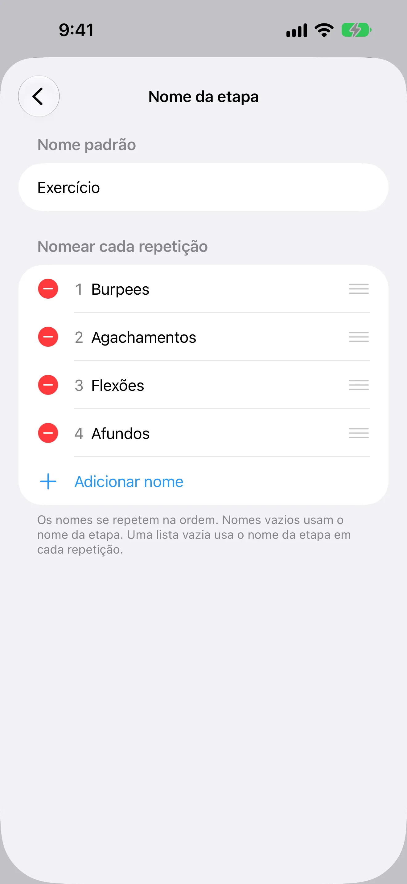 Captura de tela do Timer+ mostrando um nome de exercício diferente para cada repetição de uma rotina EMOM.