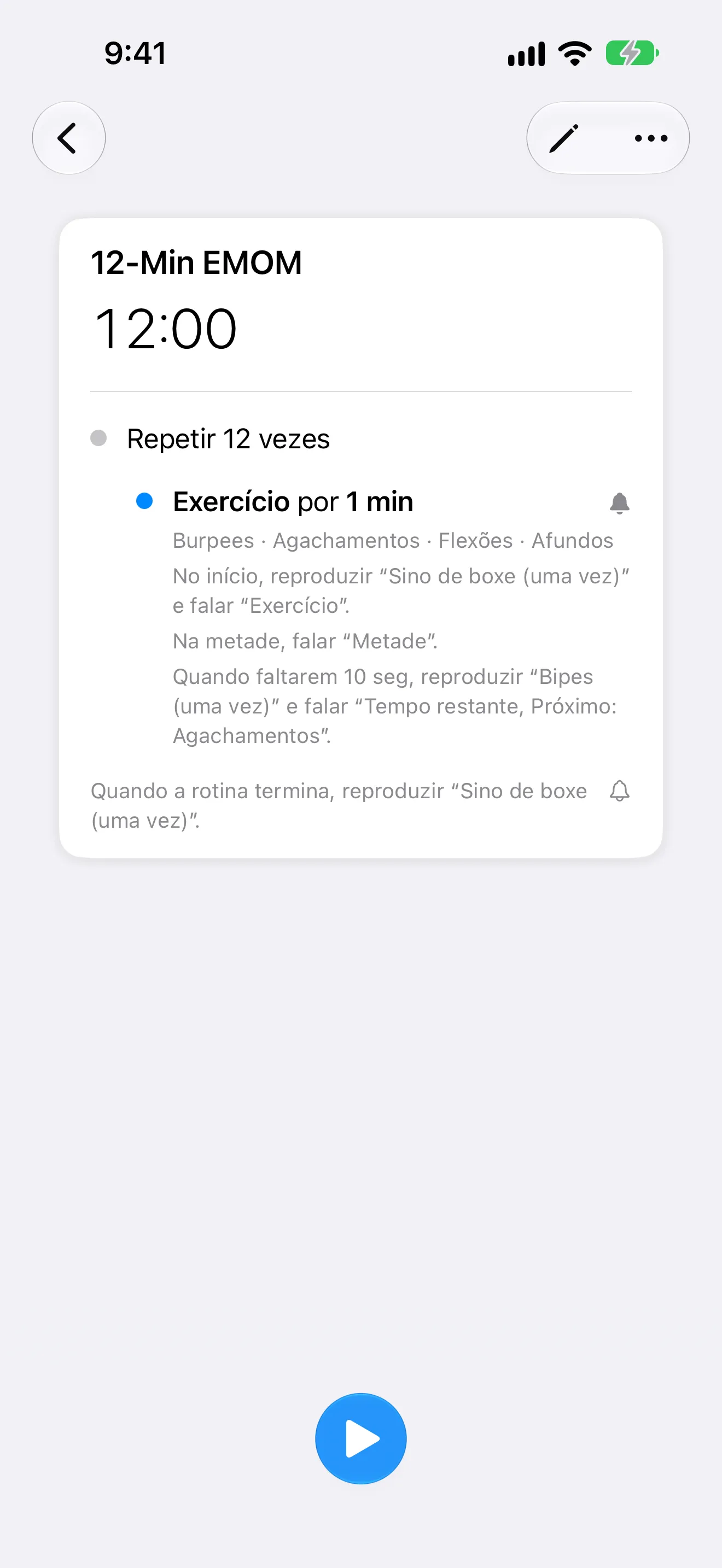 Captura de tela do Timer+ mostrando uma rotina EMOM cuja etapa de esforço anuncia o nome, a metade do tempo e o tempo restante.