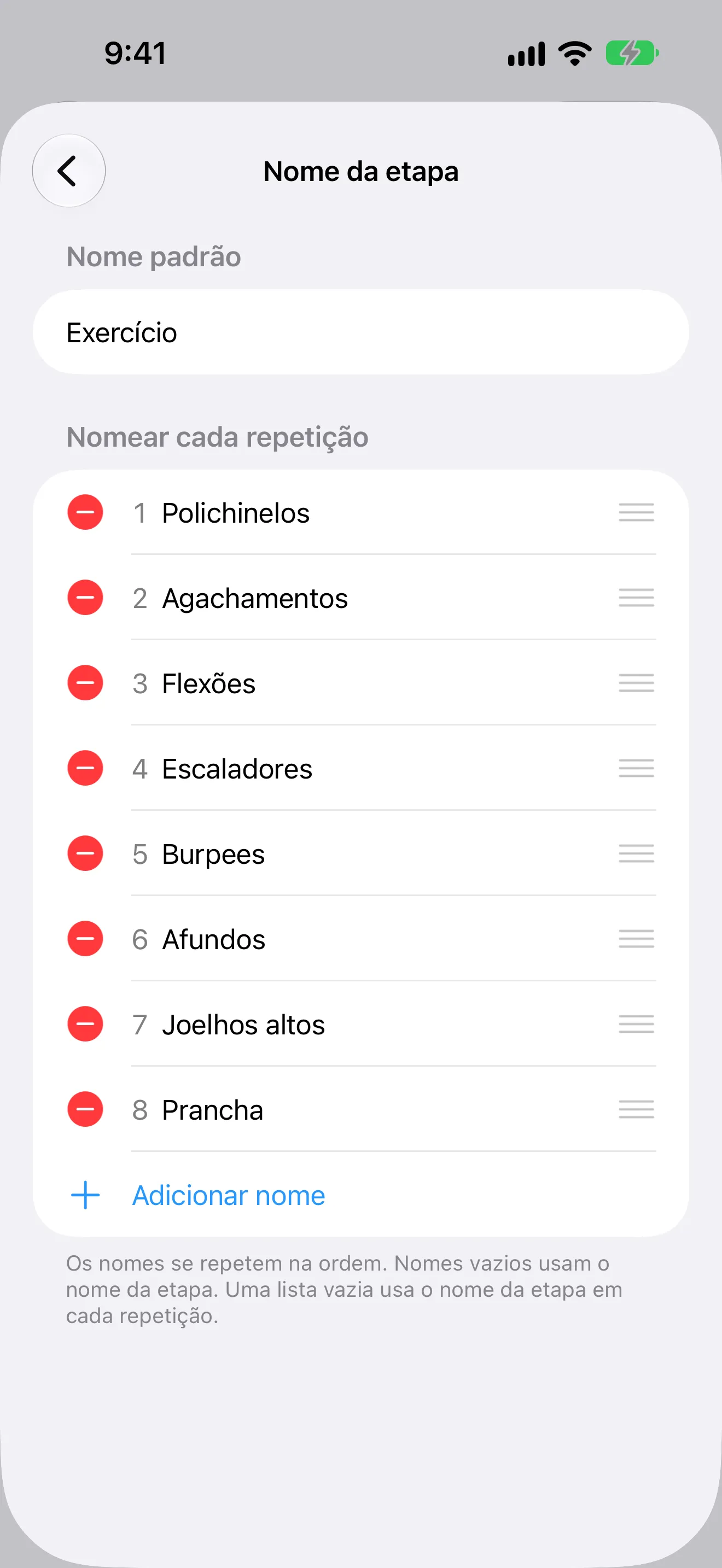 Captura de tela do Timer+ mostrando um nome de exercício diferente para cada repetição de uma rotina Tabata.