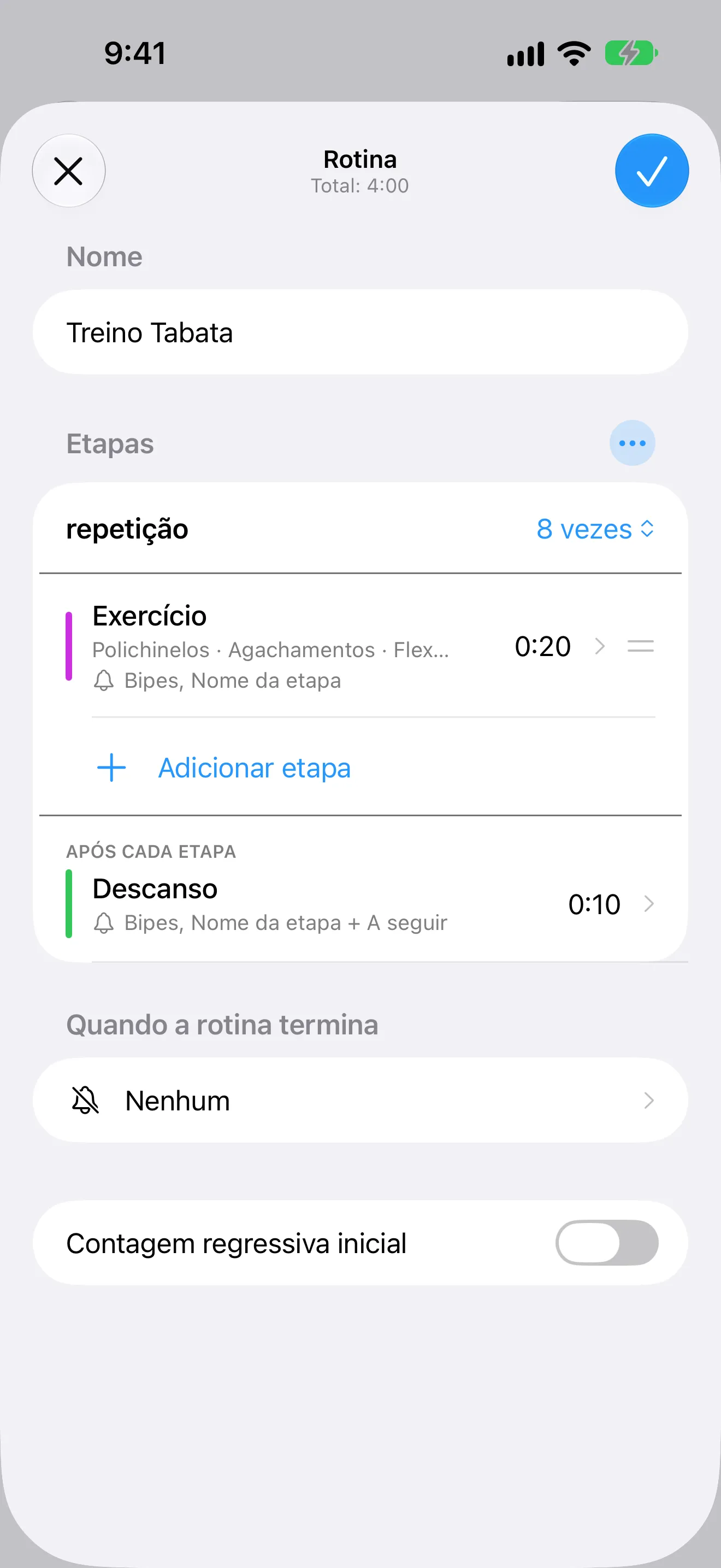 Captura de tela do Timer+ mostrando o editor de uma rotina Tabata com repetições nomeadas e descansos.