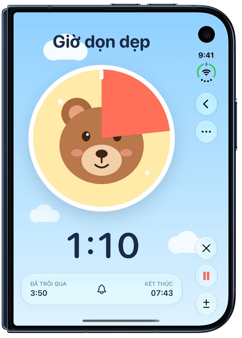 Ảnh chụp màn hình Timer+ hiển thị Hẹn giờ cho bé đang chạy: vòng tròn màu san hô che một phần chú gấu và thu nhỏ dần theo thời gian.