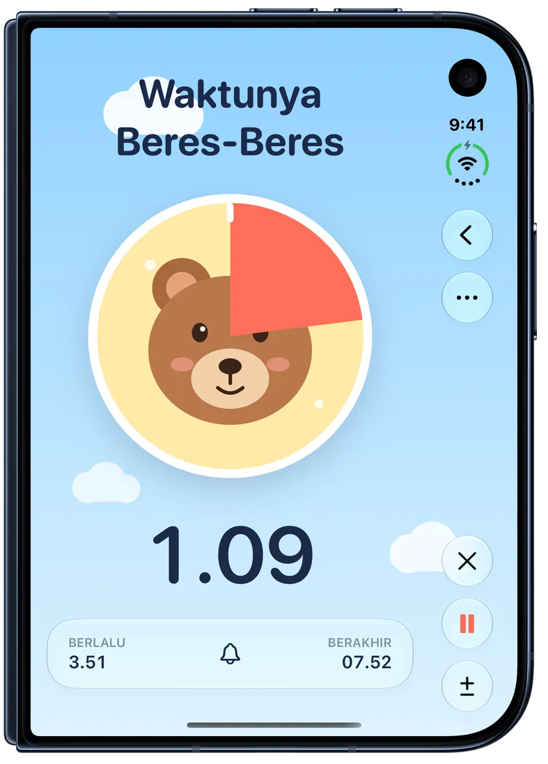 Tangkapan layar Timer+ yang menampilkan Timer Anak yang berjalan: lingkaran koral menutupi sebagian beruang dan menyusut seiring waktu berjalan.