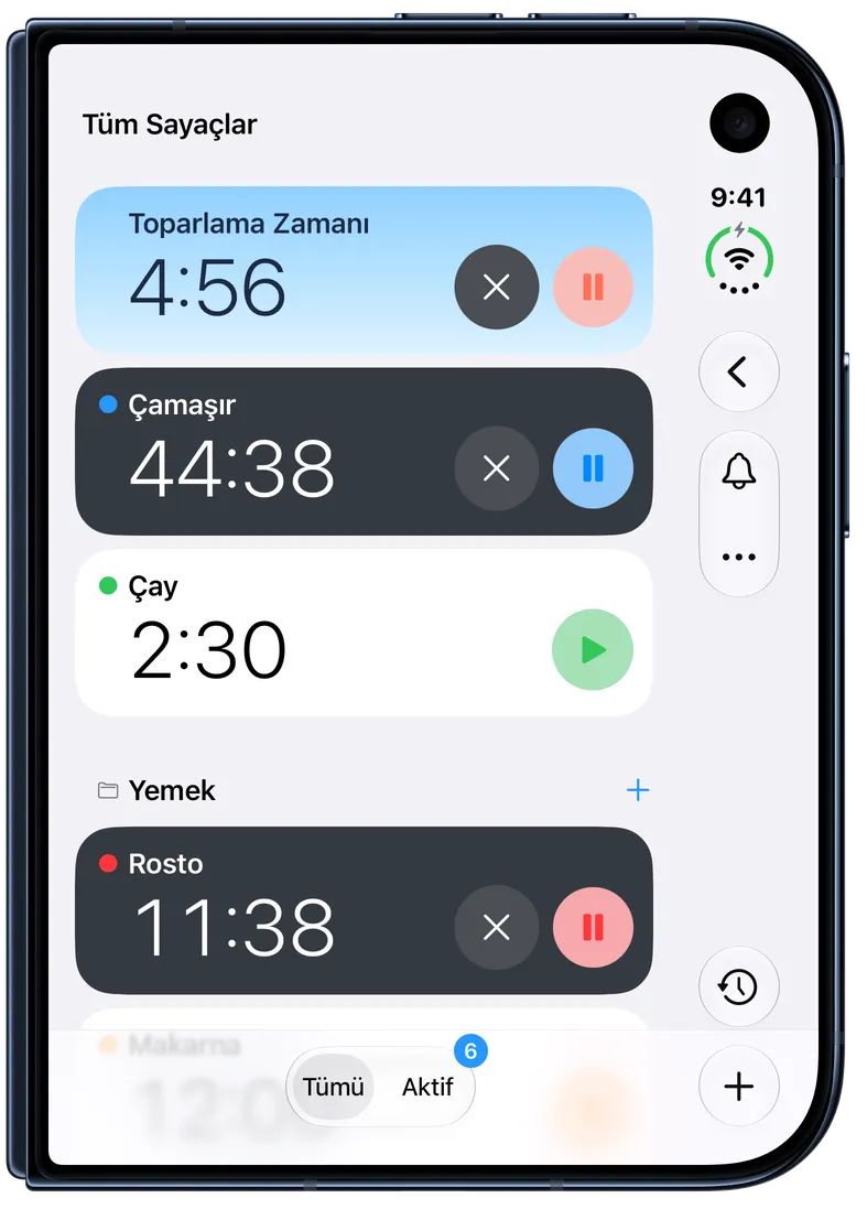 Sayaç listesinin en üstünde gök mavisi bir kartta çalışan bir Çocuk Sayacı’nı gösteren Timer+ ekran görüntüsü.