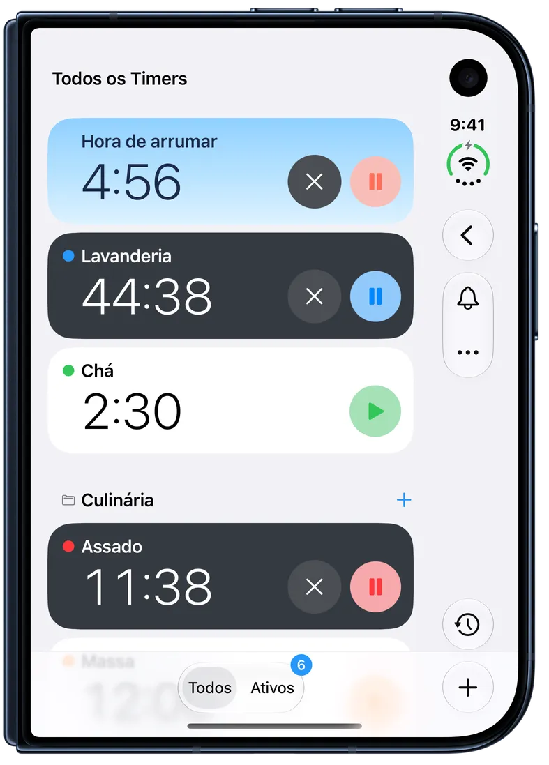 Captura de tela do Timer+ mostrando um Timer infantil em andamento em um cartão azul-céu no topo da lista de timers.