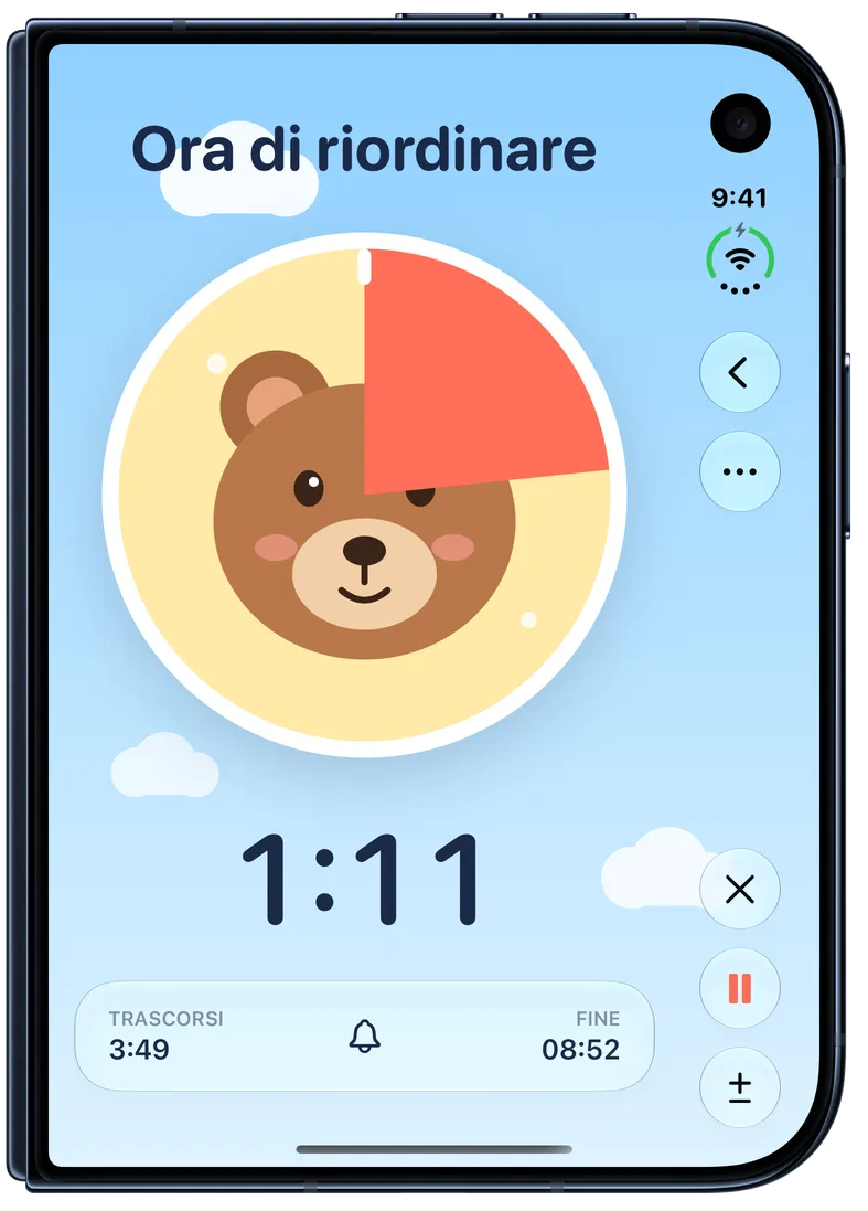 Screenshot di Timer+ con un Timer per bambini in corso: un cerchio corallo copre parte di un orsetto e si riduce mentre il tempo scorre.