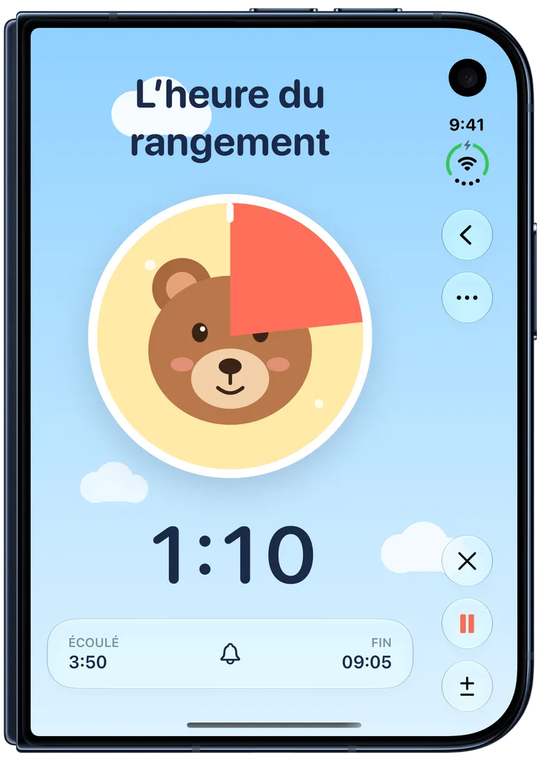 Capture d’écran de Minuteur+ montrant un Minuteur pour enfants en cours : un disque corail recouvre une partie d’un ours et rétrécit à mesure que le temps passe.