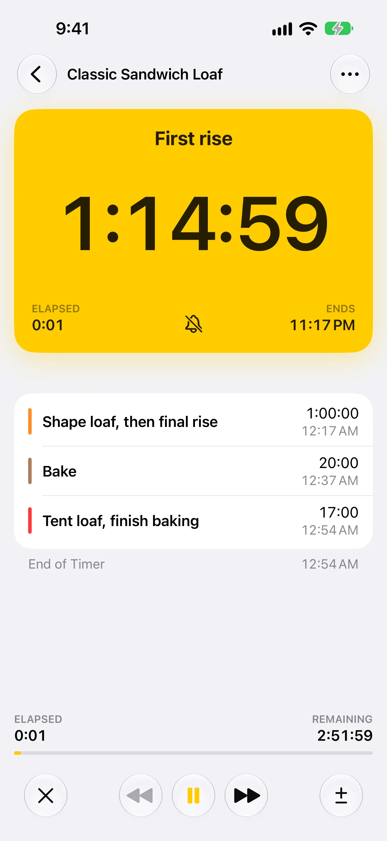 Screenshot of Timer+ showing a bread baking routine in progress.