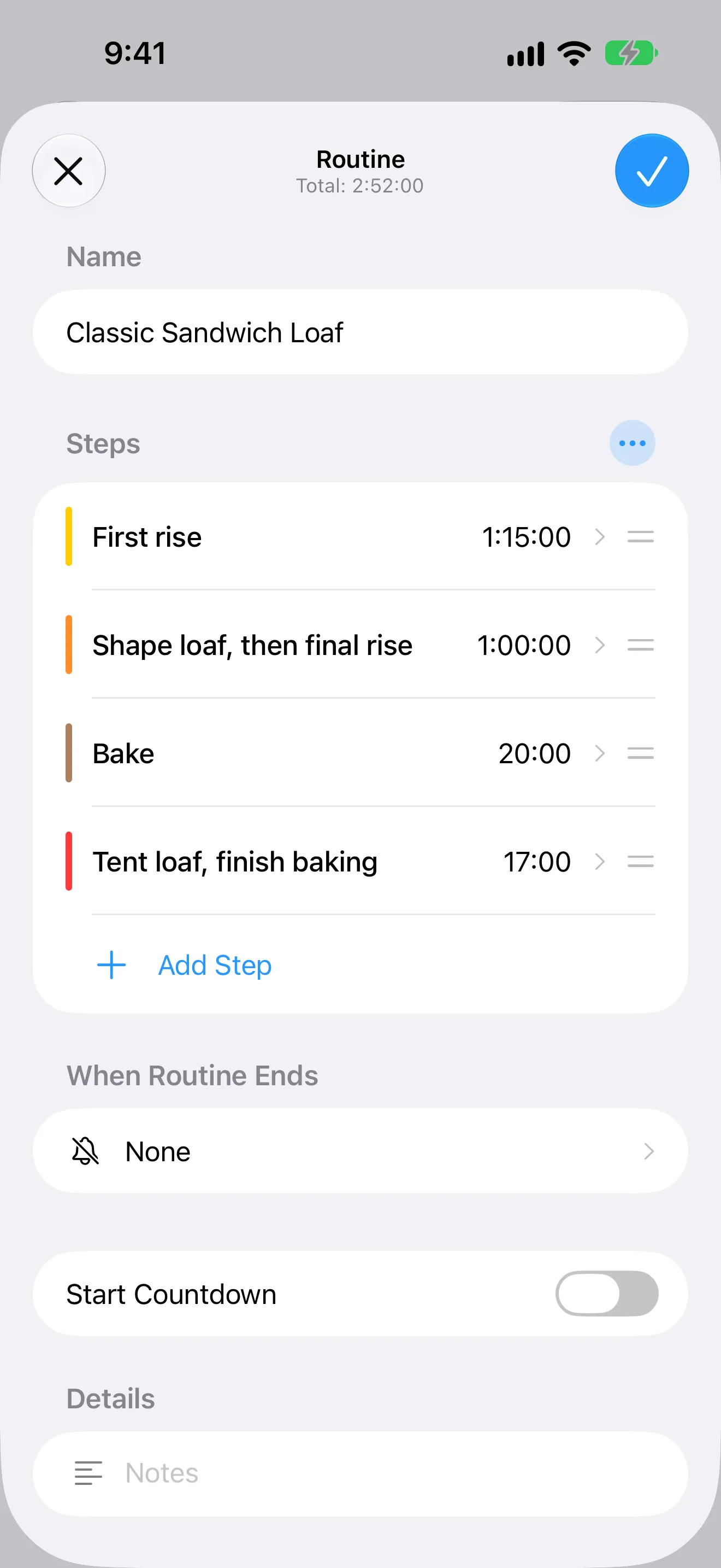 Screenshot of Timer+ showing the editor for a bread baking routine.