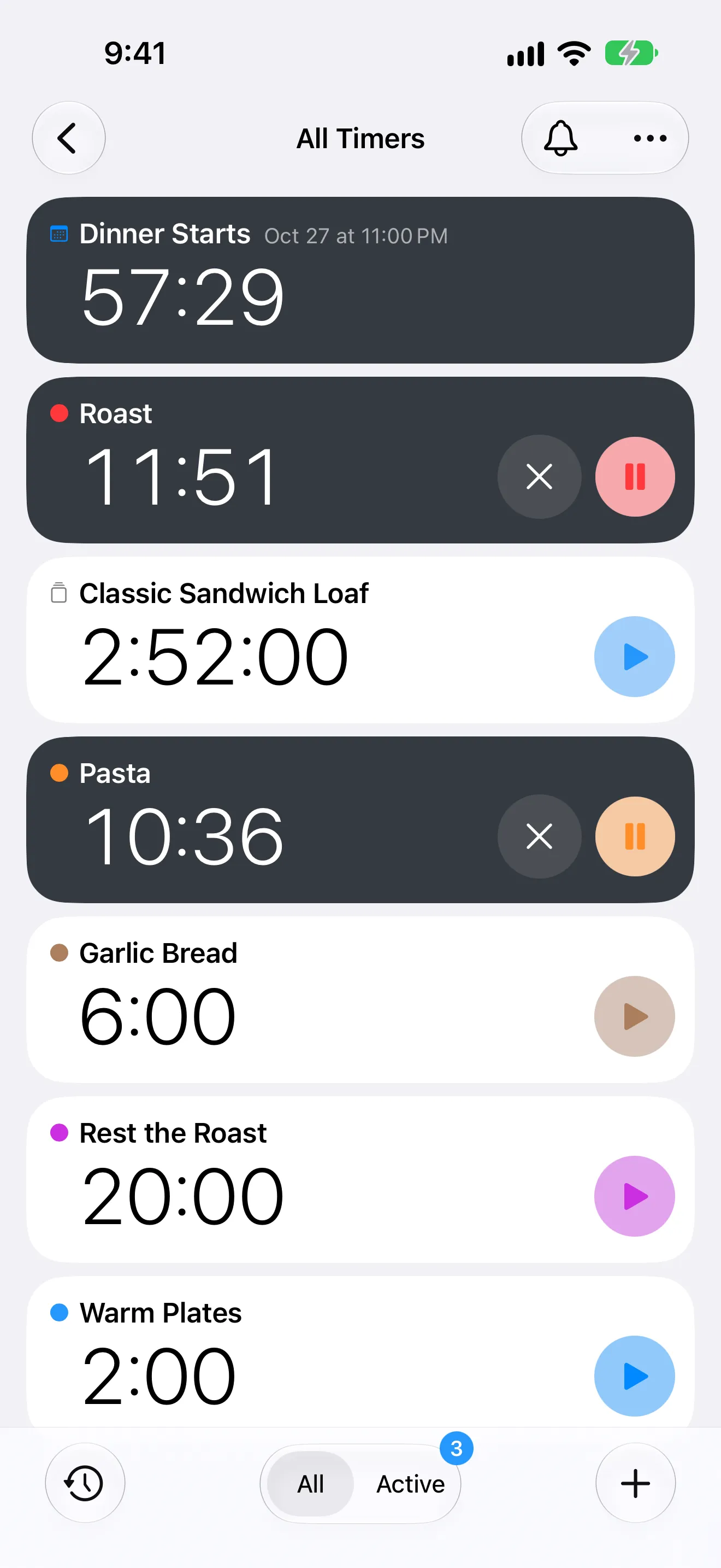 Screenshot of Timer+ showing a cooking timer list with a roast timer.