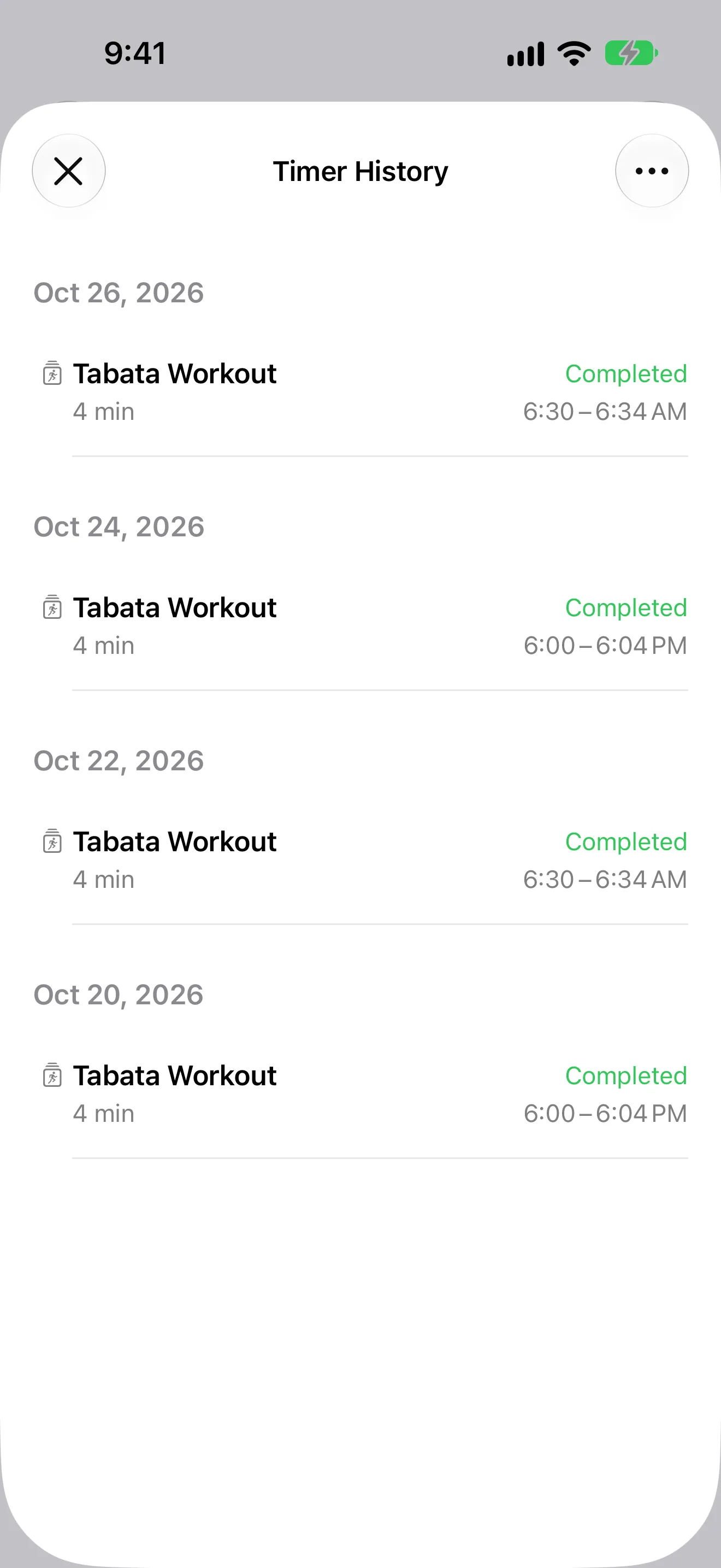 Screenshot of Timer+ showing the history for a Tabata routine.