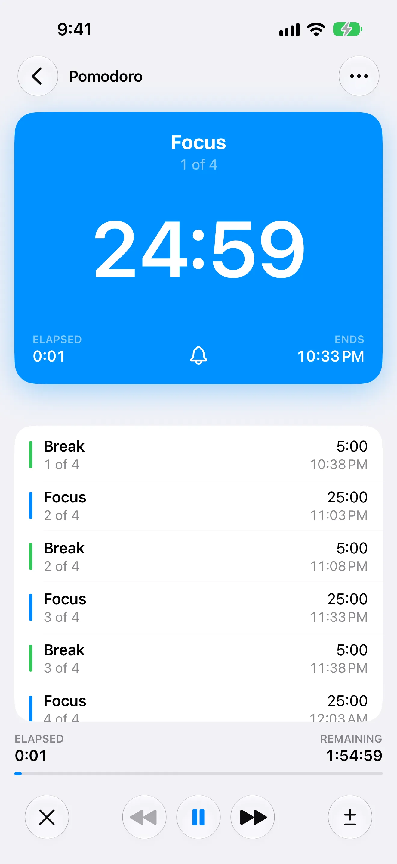 Screenshot of Timer+ showing a running Pomodoro timer.