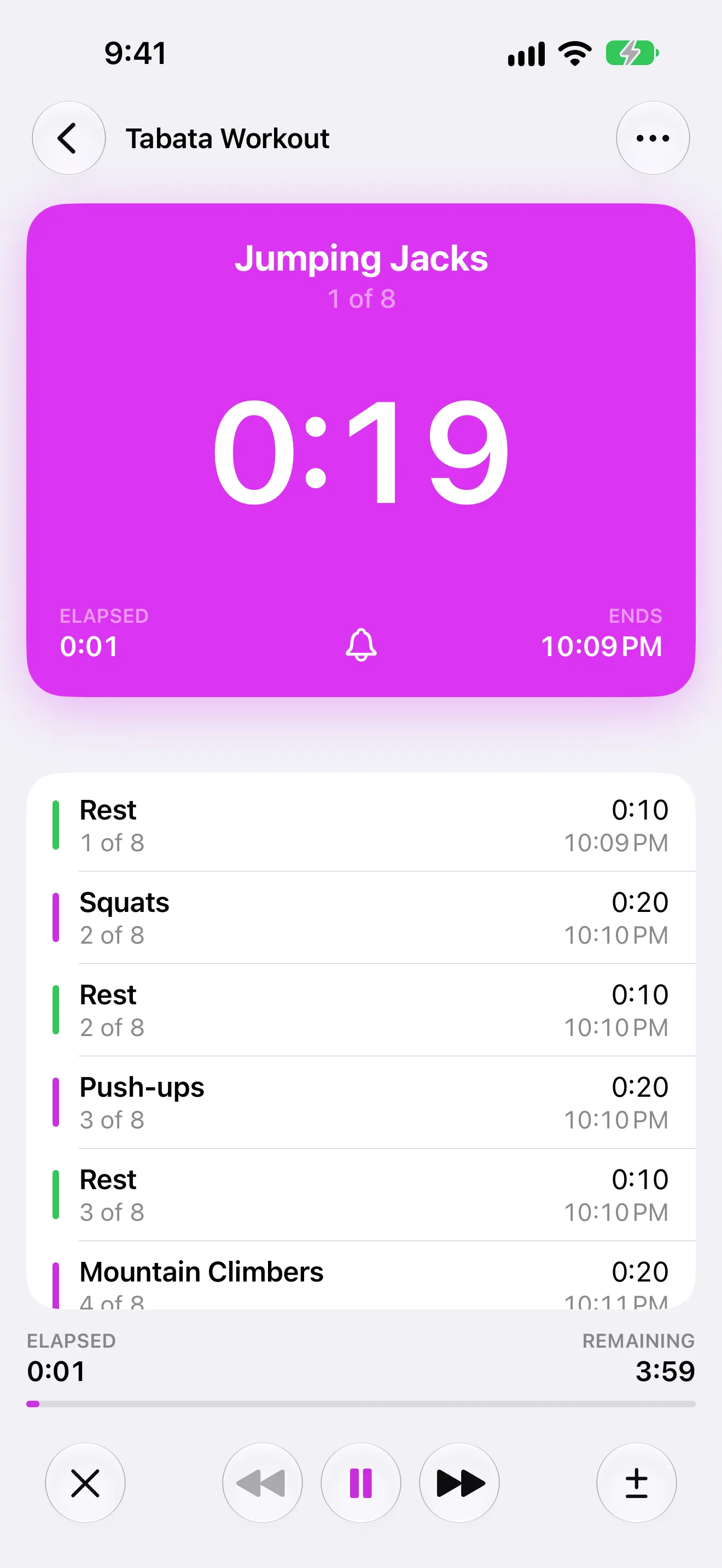 Screenshot of Timer+ showing a Tabata routine in progress.
