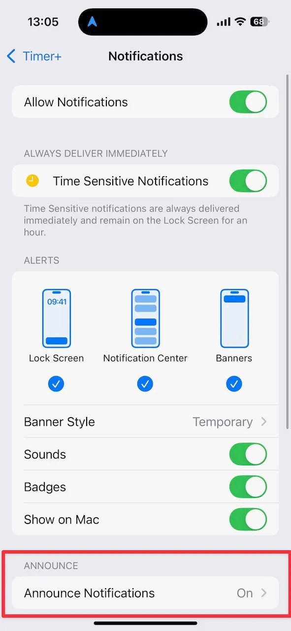 Timer+ notification settings screen with Announce Notifications highlighted