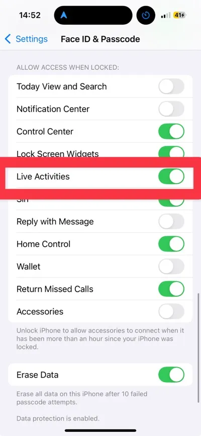 Face ID & Passcode settings showing the Live Activities toggle under Allow Access When Locked