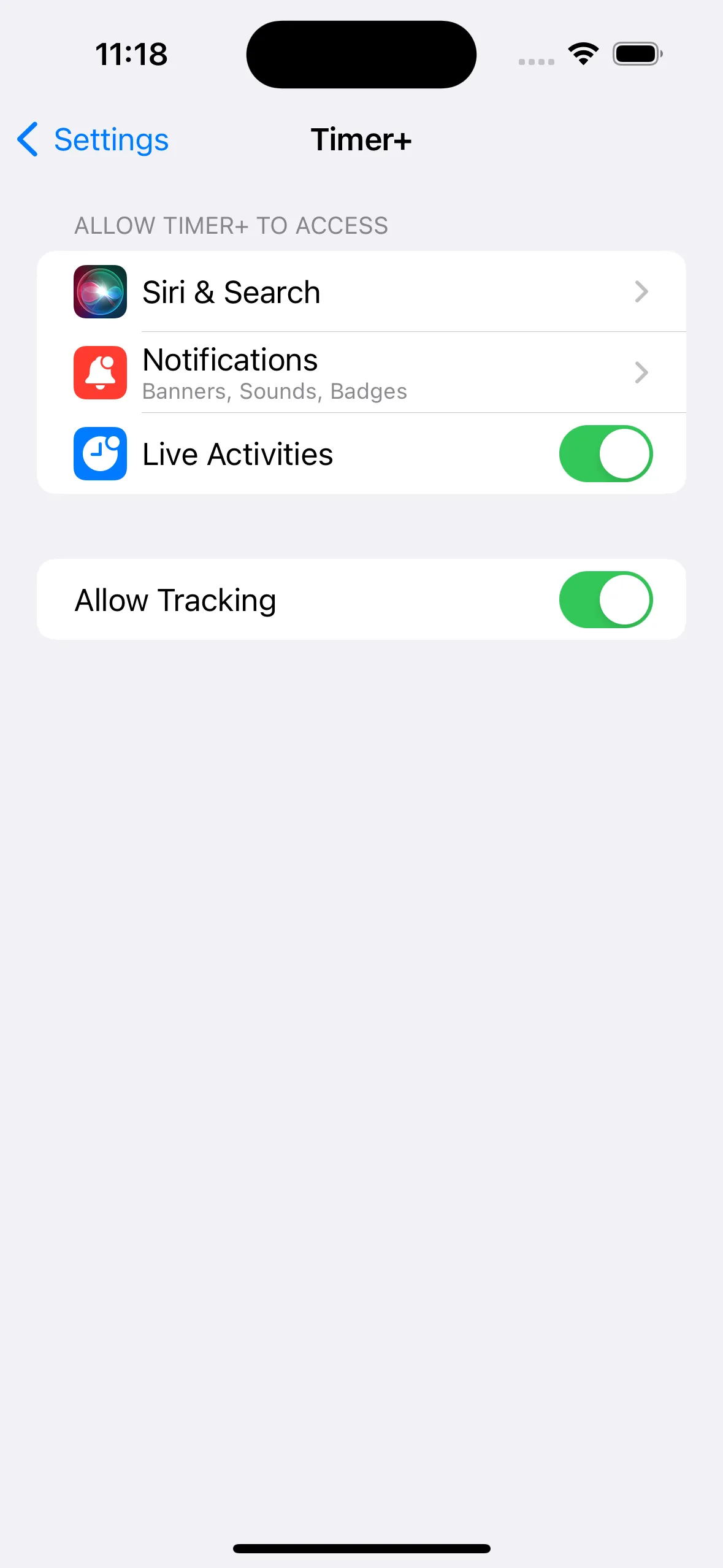Timer+ settings screen showing the Live Activities toggle