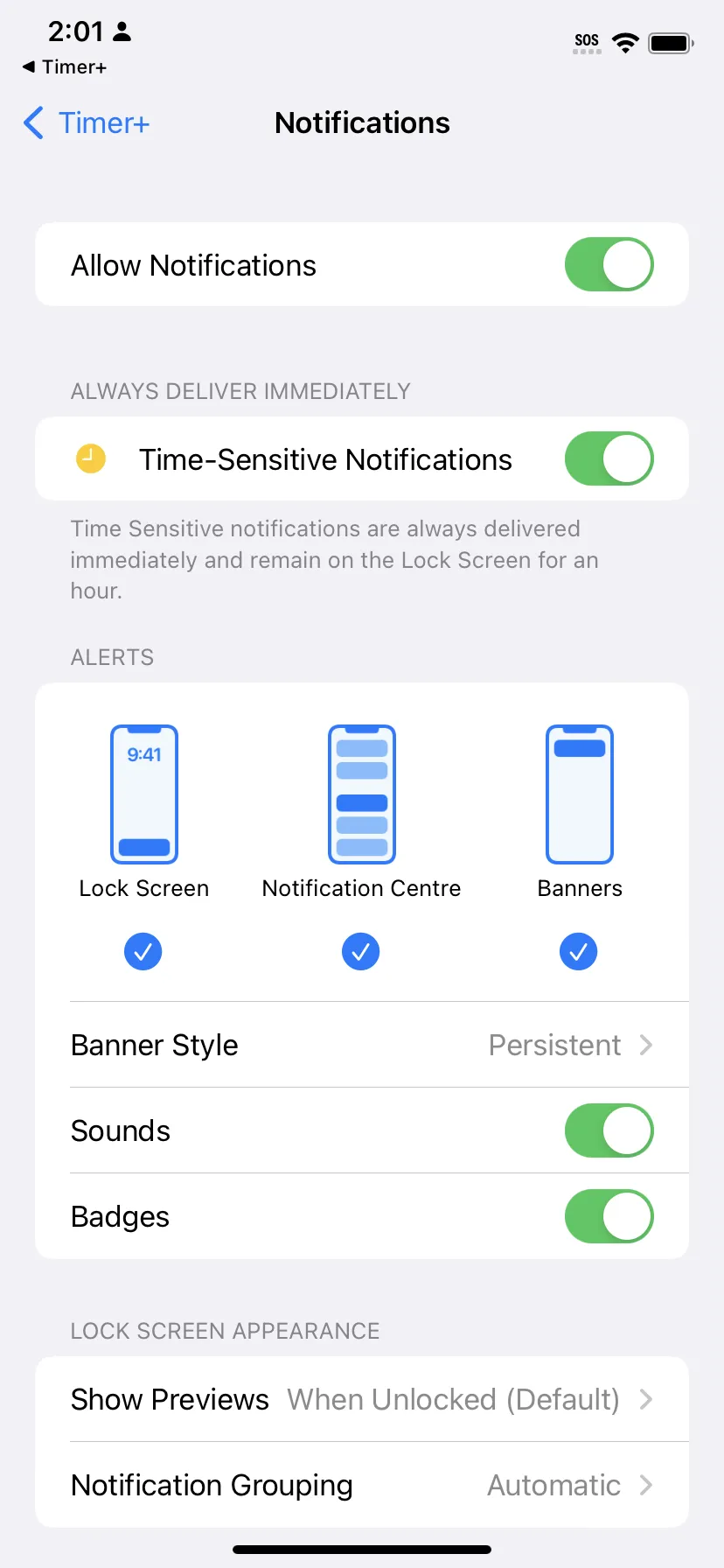 Timer+ notification settings showing Time-Sensitive Notifications and Banner Style options