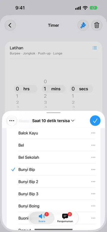 Editor peringatan untuk Saat 10 detik tersisa, di tab Suara, dengan Bunyi Bip dipilih dalam daftar yang memuat Balok Kayu, Bel, Bel Sekolah, Bunyi Bip, Bunyi Bip 2, Bunyi Bip 3, dan Bunyi Boing.
