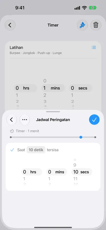 Halaman Jadwal Peringatan untuk langkah Timer 1 menit yang sama, diatur ke Saat 10 detik tersisa, dengan pemilih durasi dan penanda linimasa di dekat akhir.