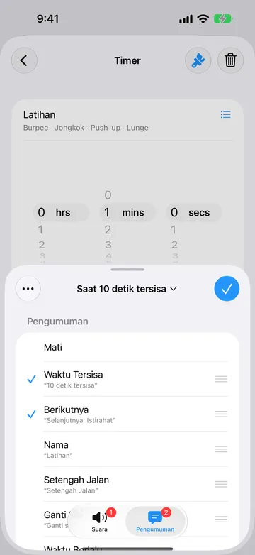 Peringatan yang sama di tab Pengumuman, dengan Waktu Tersisa (“10 detik tersisa”) dan Berikutnya (“Selanjutnya: Istirahat”) dipilih, serta Nama, Setengah Jalan, dan Ganti Sisi tersedia.