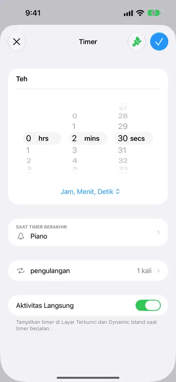 Editor Timer untuk Teh, diatur ke 2 menit 30 detik, dengan Saat Timer Berakhir diatur ke Piano, pengulangan menampilkan 1 kali, dan Aktivitas Langsung aktif.