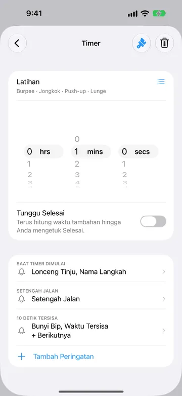 Editor langkah Timer untuk langkah 1 menit bernama Latihan, dengan nama pengulangan Burpee, Jongkok, Push-up, dan Lunge di bawah nama serta ikon daftar di sampingnya. Tunggu Selesai nonaktif. Peringatannya adalah Saat Timer Dimulai, Setengah Jalan, dan 10 detik tersisa, diikuti Tambah Peringatan.