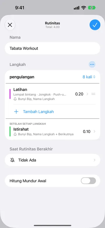 Editor Rutinitas untuk Tabata Workout, total 4.00. Di Langkah, pengulangan diatur ke 8 kali, diikuti langkah Latihan 20 detik dengan nama pengulangan Lompat bintang, Jongkok, dan Push-up, lalu Tambah Langkah. Di bawah Setelah setiap langkah terdapat langkah Istirahat 10 detik. Saat Rutinitas Berakhir diatur ke Tidak Ada dan Hitung Mundur Awal nonaktif.